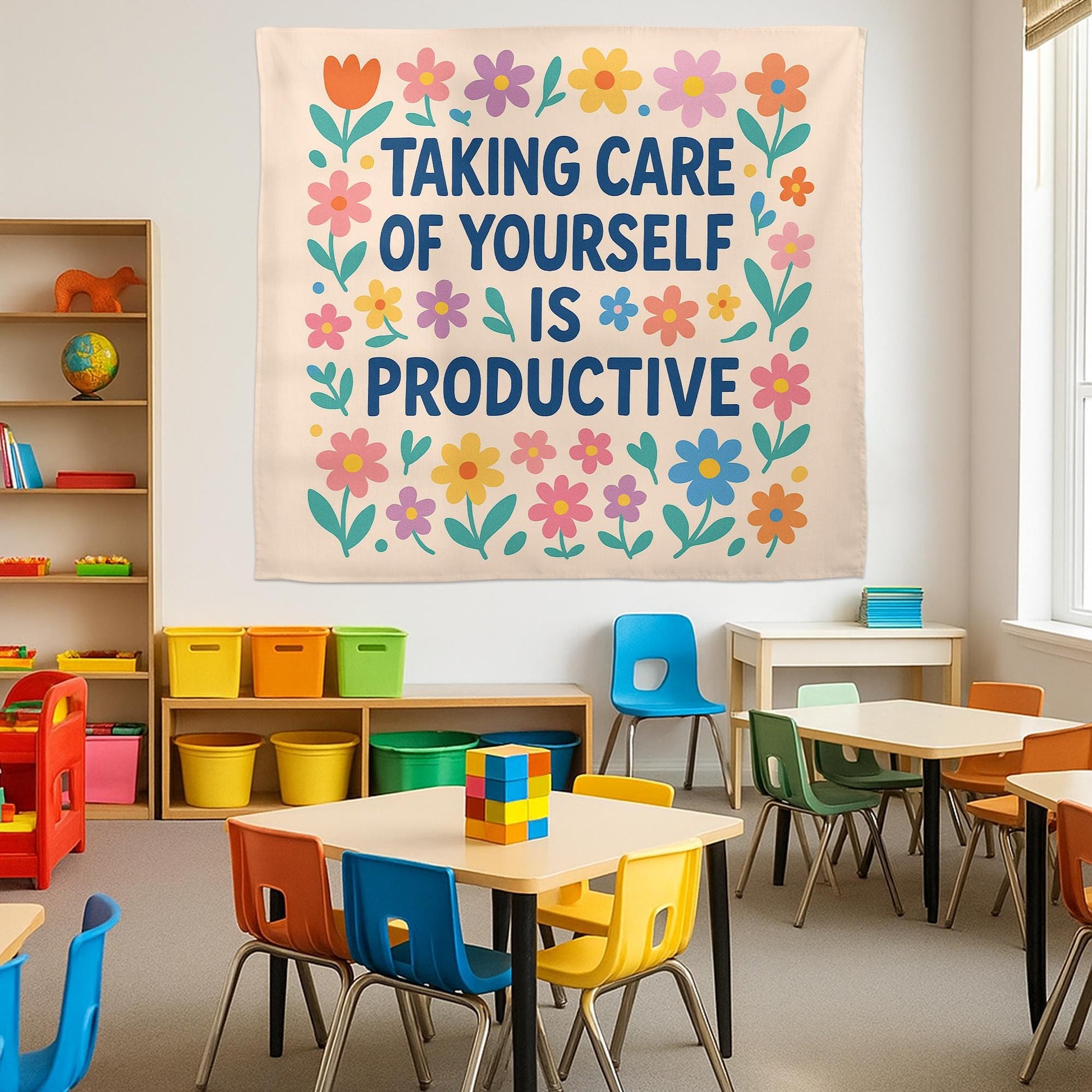 Self Care Is Productive Tapestry, Motivational Mental Health Wall Art, Therapy Office Decor, Positive Affirmation Banner, Classroom Decor