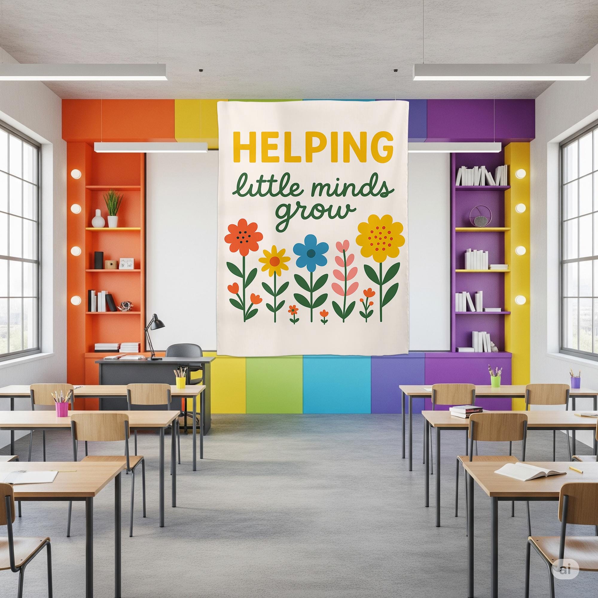 Helping Little Minds Grow Tapestry, Preschool Classroom Wall Decor, Colorful Teacher Banner, Kindergarten Learning Sign