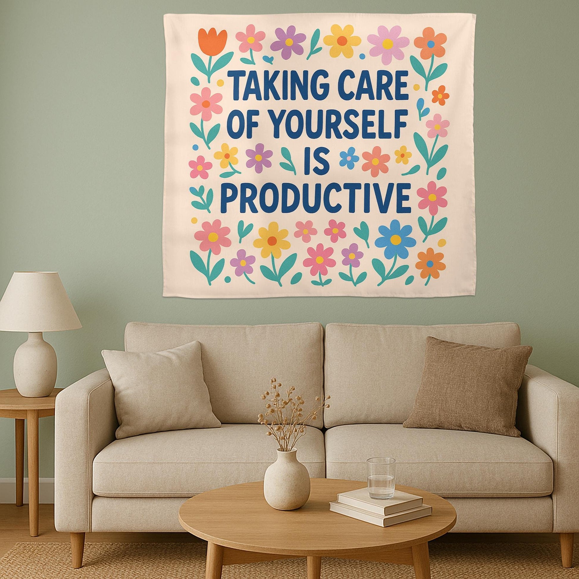 Self Care Is Productive Tapestry, Motivational Mental Health Wall Art, Therapy Office Decor, Positive Affirmation Banner, Classroom Decor