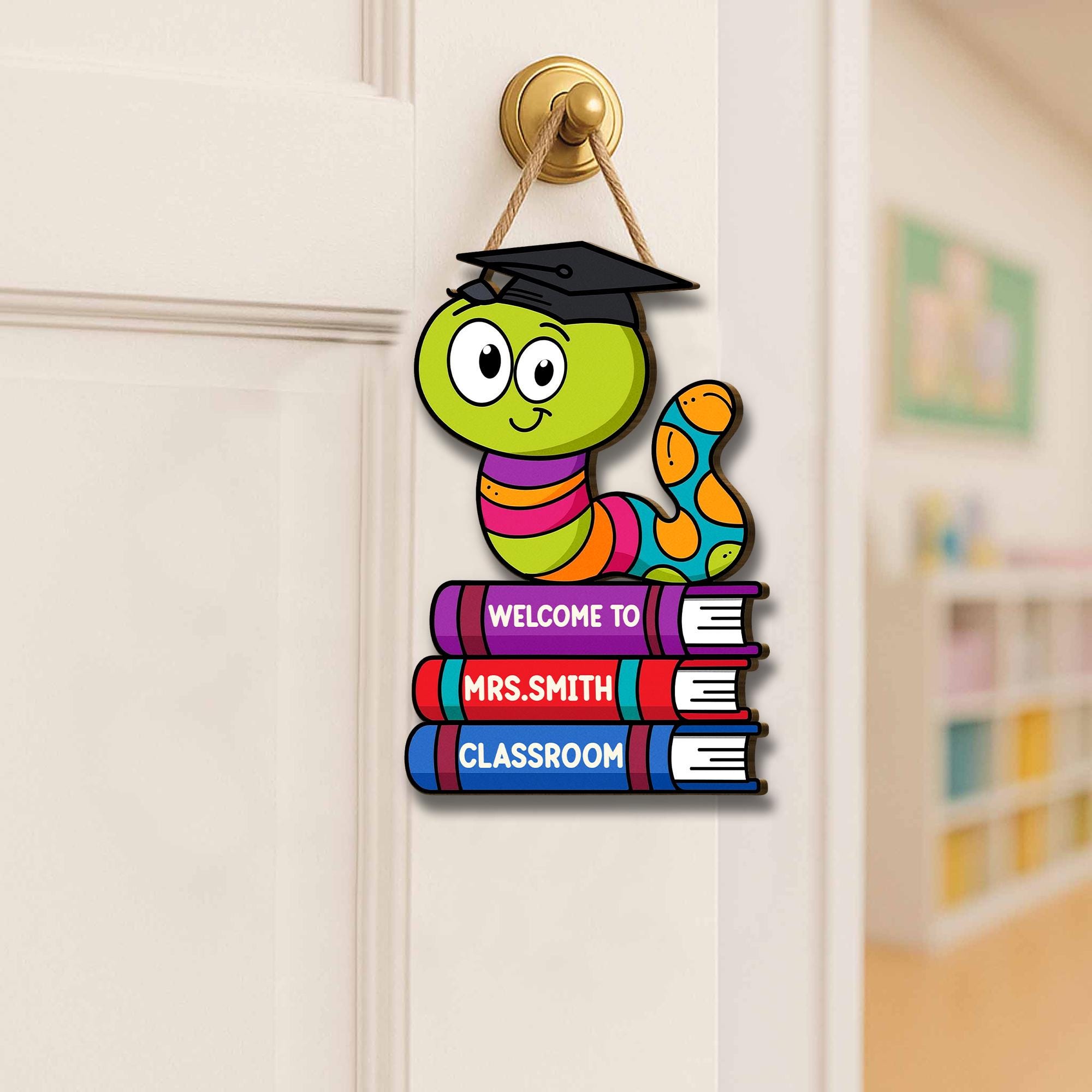 Welcome to Teacher Classroom Door Sign, Bookworm Teacher Decor, Personalized Back to School Wall Hanger, Cute School Sign, Elementary Decor
