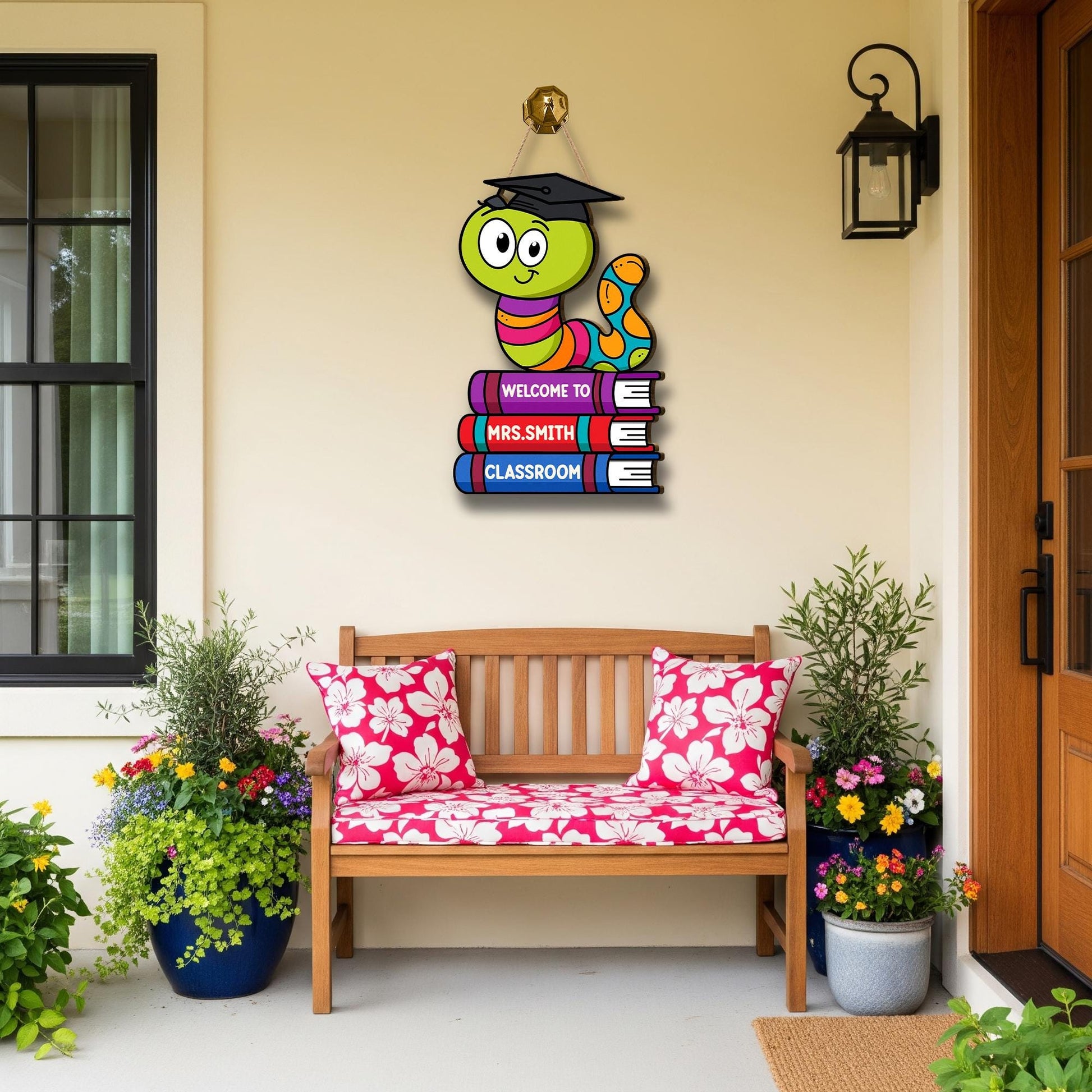 Welcome to Teacher Classroom Door Sign, Bookworm Teacher Decor, Personalized Back to School Wall Hanger, Cute School Sign, Elementary Decor