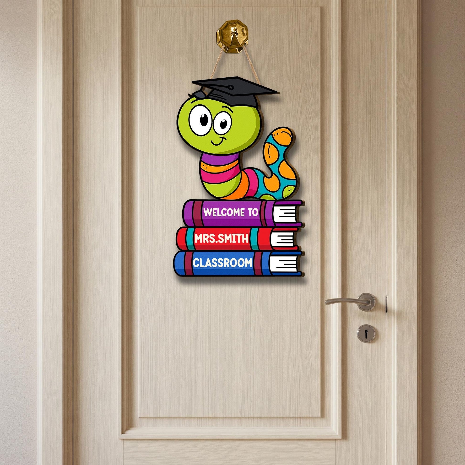 Welcome to Teacher Classroom Door Sign, Bookworm Teacher Decor, Personalized Back to School Wall Hanger, Cute School Sign, Elementary Decor