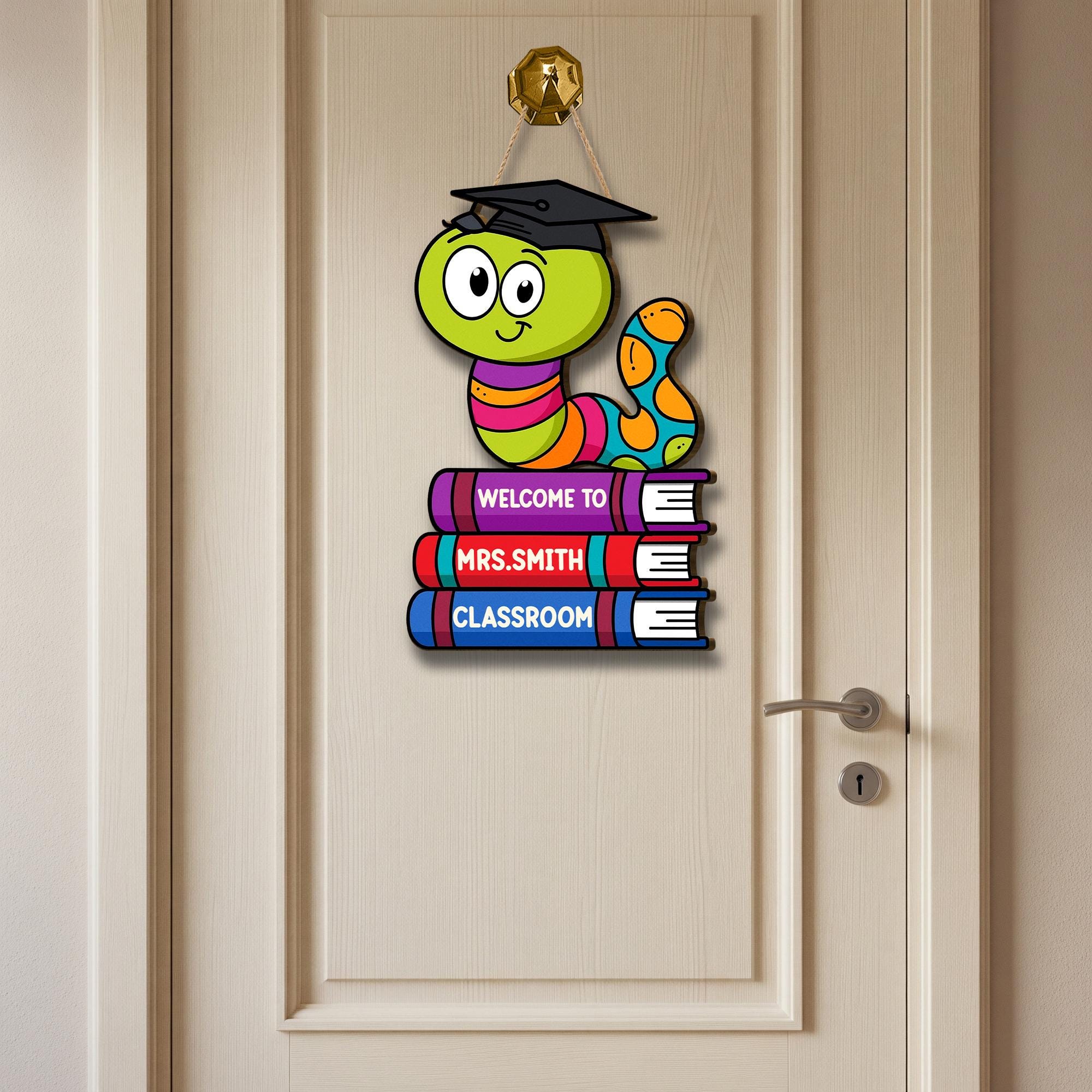 Welcome to Teacher Classroom Door Sign, Bookworm Teacher Decor, Personalized Back to School Wall Hanger, Cute School Sign, Elementary Decor