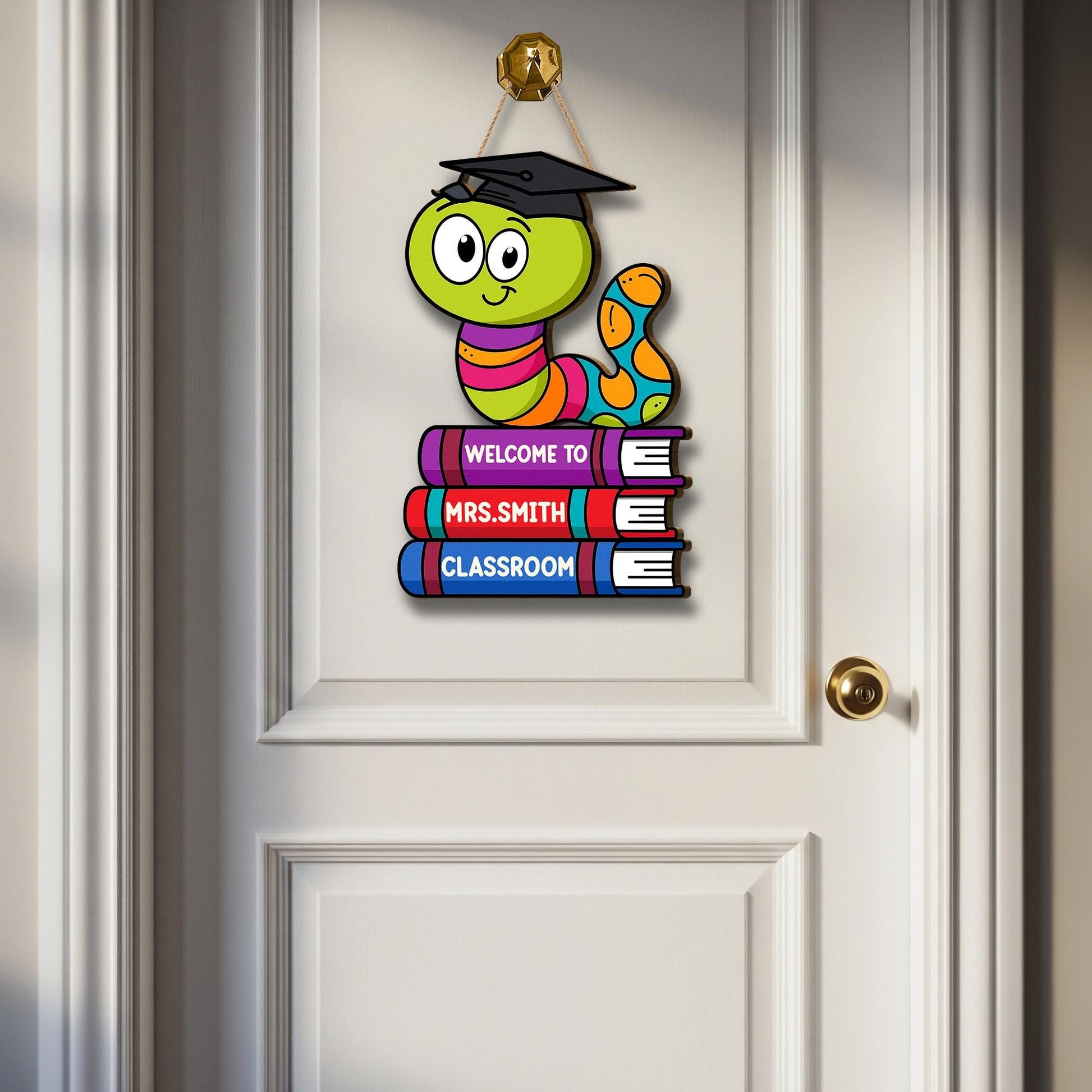 Welcome to Teacher Classroom Door Sign, Bookworm Teacher Decor, Personalized Back to School Wall Hanger, Cute School Sign, Elementary Decor