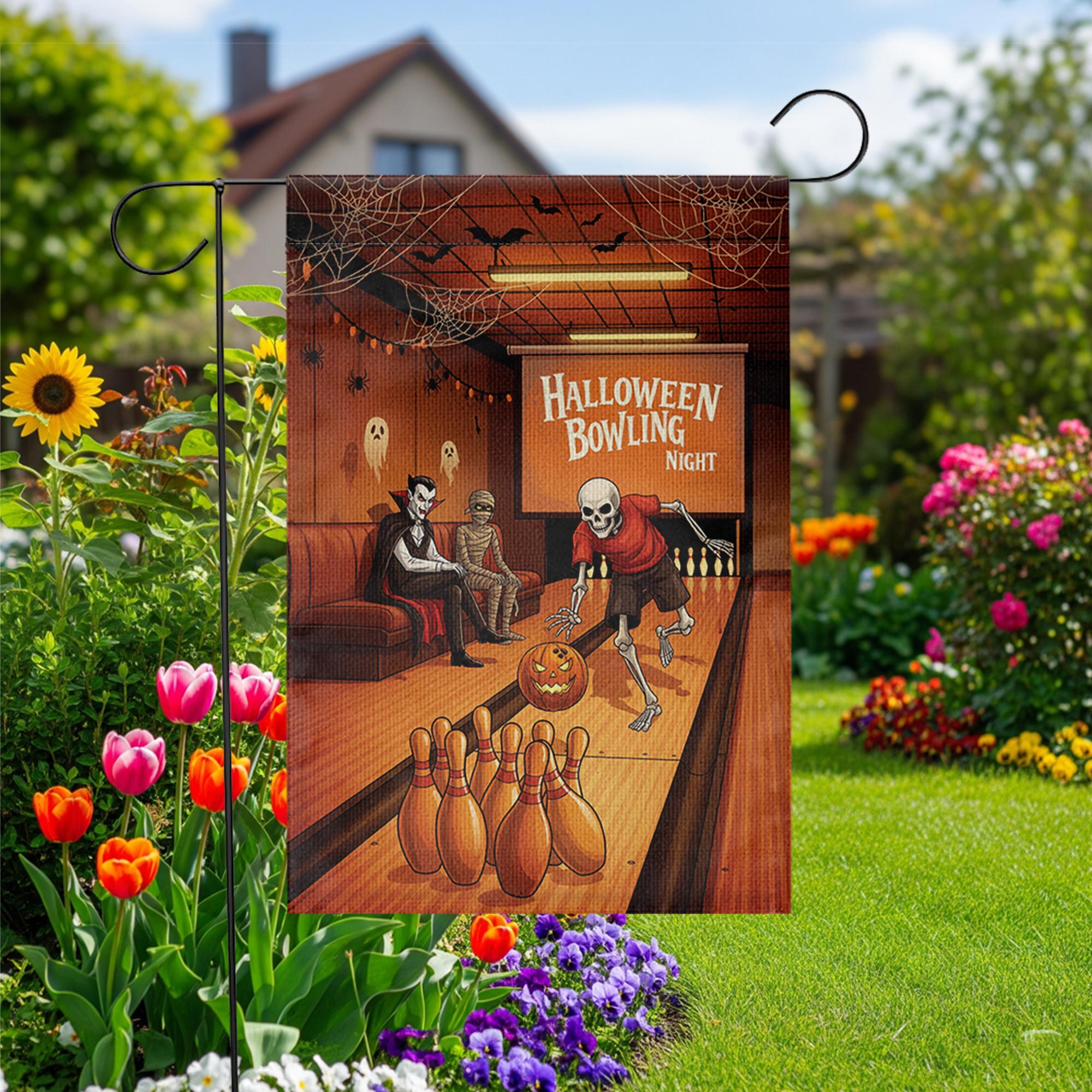 Halloween Bowling Garden Flag – Funny Skeleton Sports Yard Decor – Spooky Party Outdoor Fall Sign