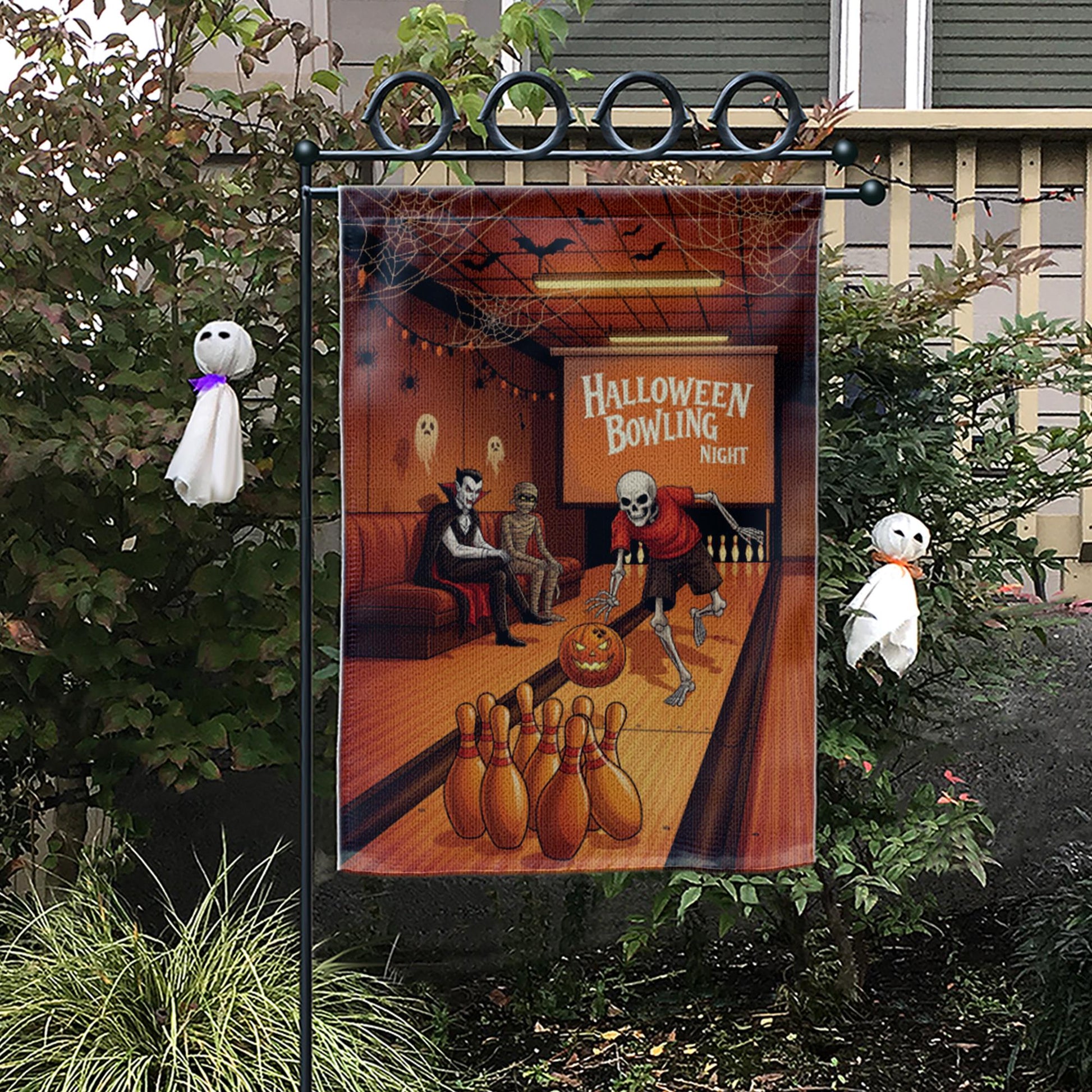 Halloween Bowling Garden Flag – Funny Skeleton Sports Yard Decor – Spooky Party Outdoor Fall Sign
