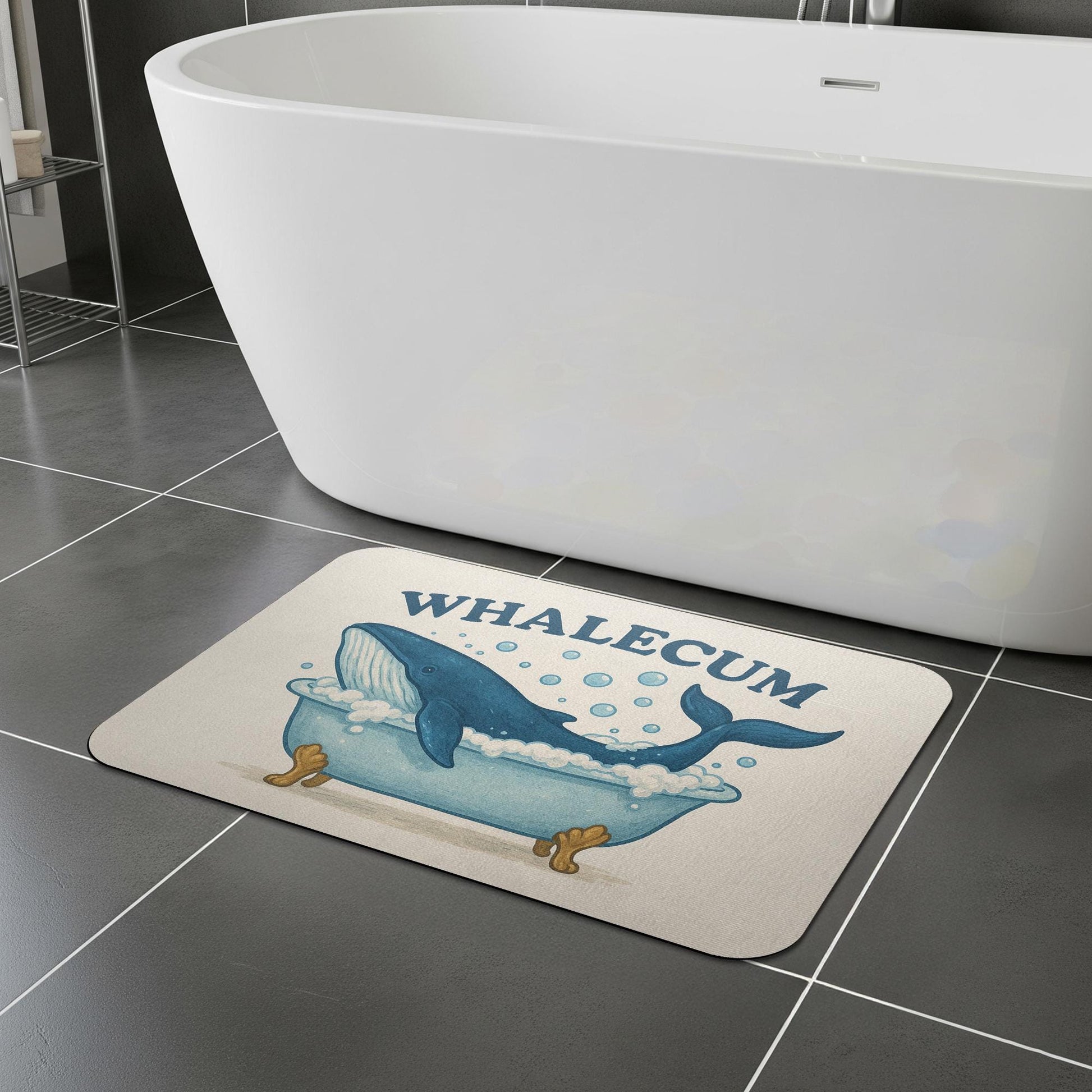 Funny Whale Bath Mat, Whale Bathroom Rug, WHALECUM Pun Mat, Cute Nautical Decor, Ocean Animal Bath Rug, Guest Bathroom Humor Gift