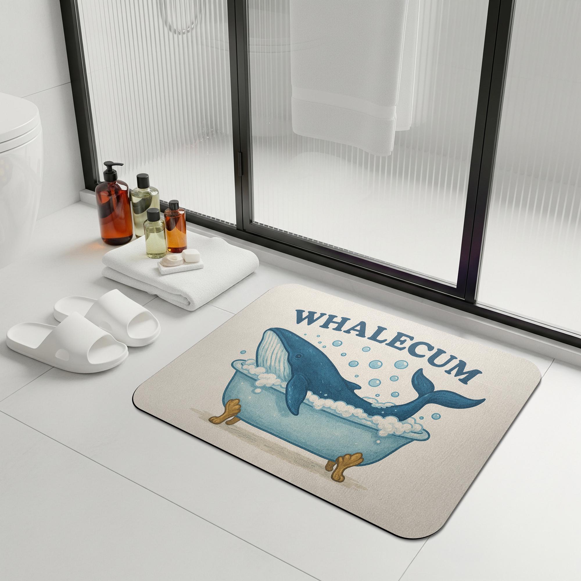 Funny Whale Bath Mat, Whale Bathroom Rug, WHALECUM Pun Mat, Cute Nautical Decor, Ocean Animal Bath Rug, Guest Bathroom Humor Gift