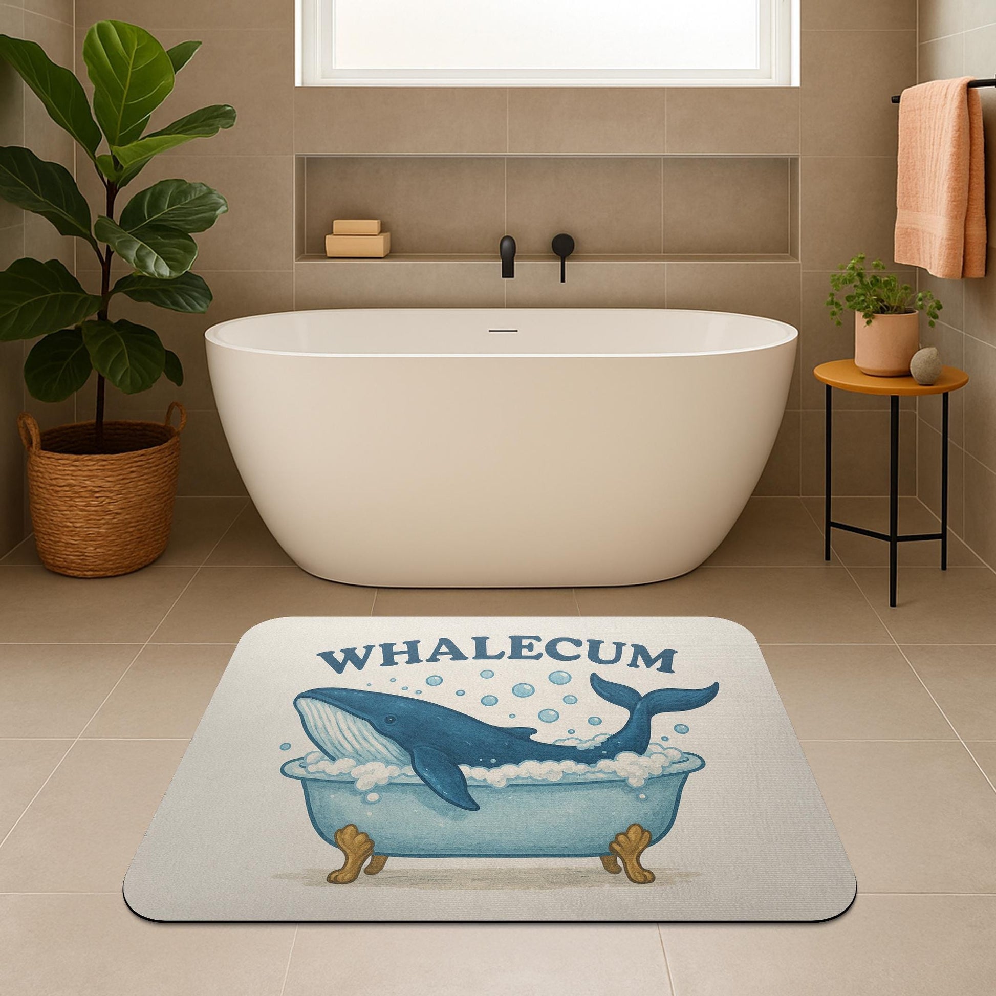 Funny Whale Bath Mat, Whale Bathroom Rug, WHALECUM Pun Mat, Cute Nautical Decor, Ocean Animal Bath Rug, Guest Bathroom Humor Gift