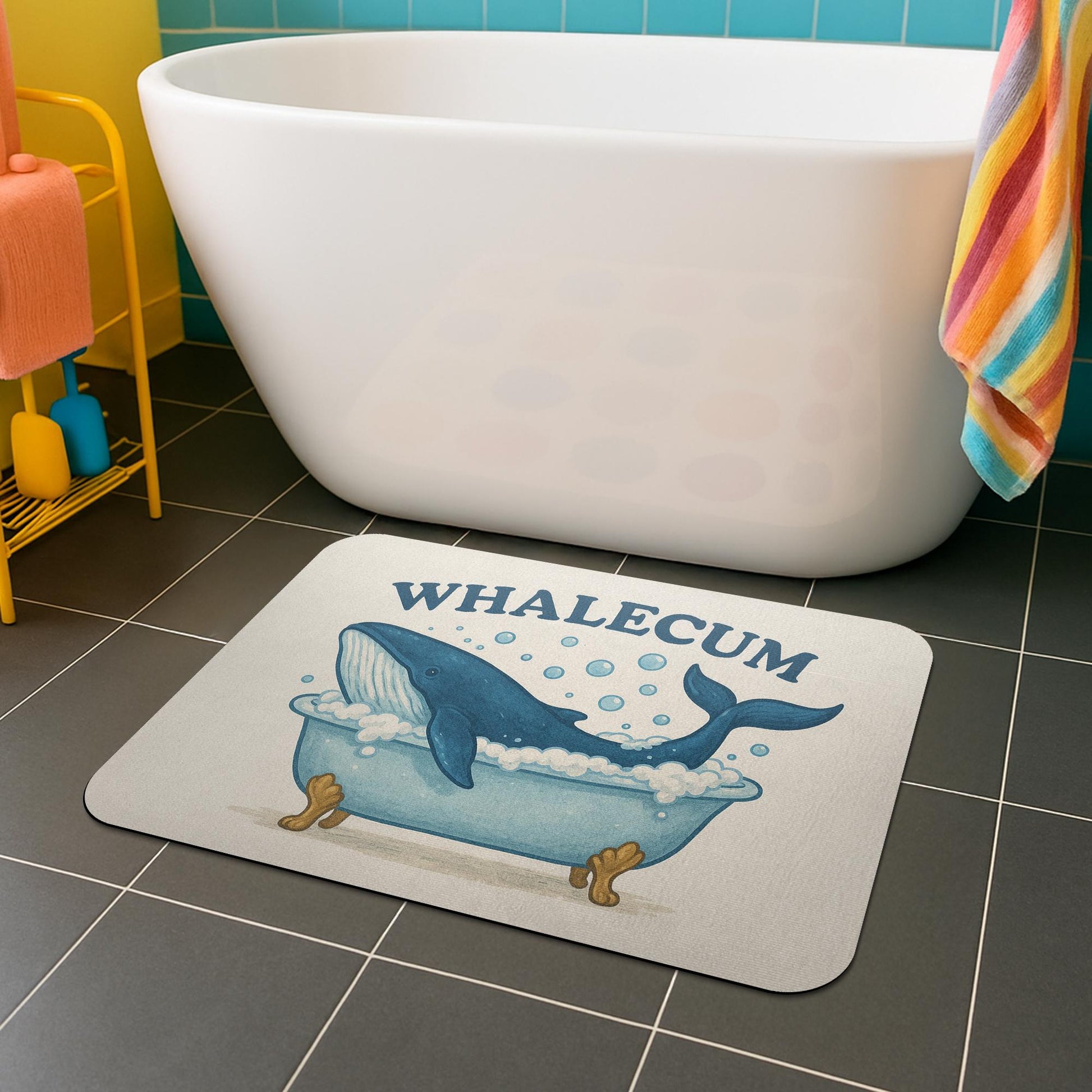 Funny Whale Bath Mat, Whale Bathroom Rug, WHALECUM Pun Mat, Cute Nautical Decor, Ocean Animal Bath Rug, Guest Bathroom Humor Gift