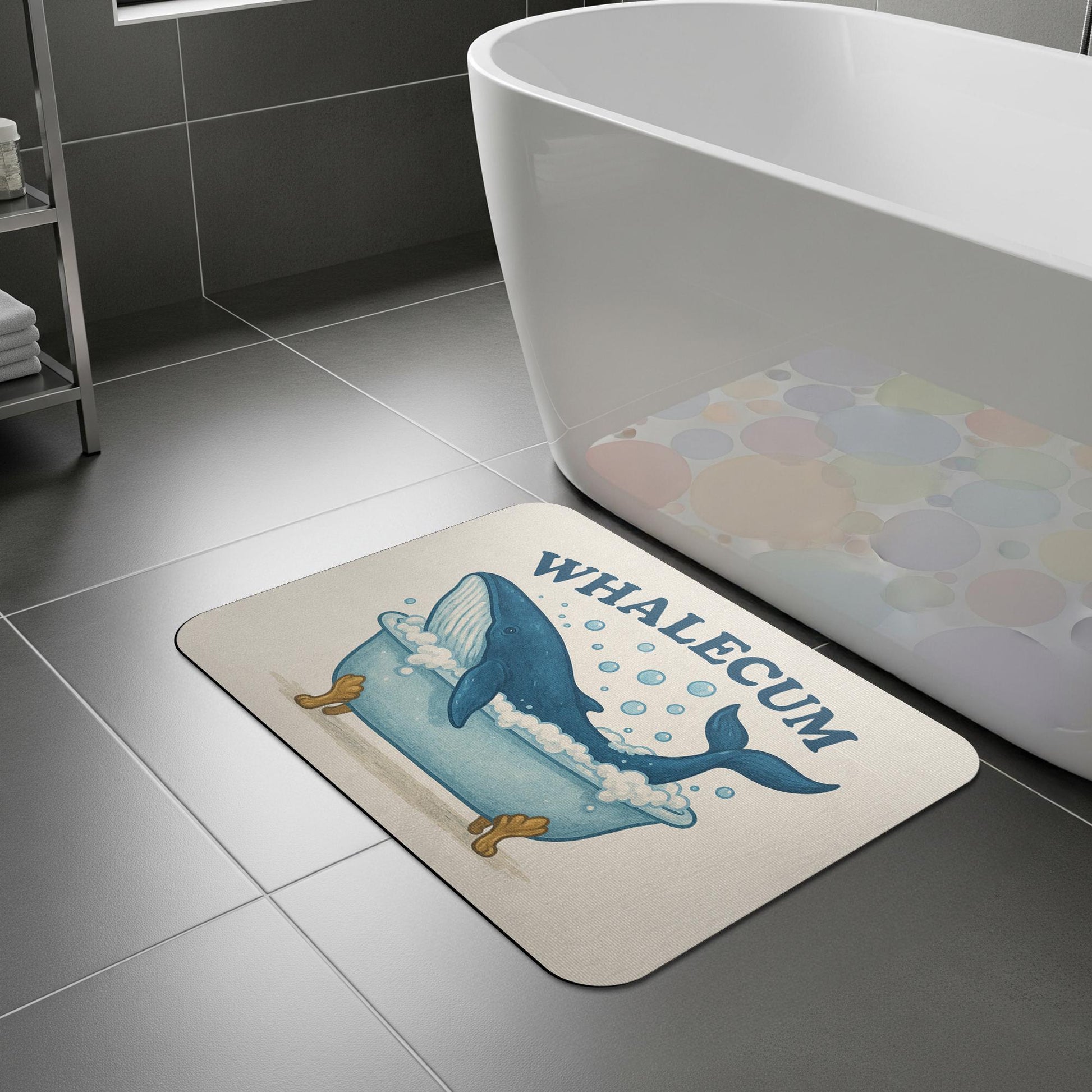 Funny Whale Bath Mat, Whale Bathroom Rug, WHALECUM Pun Mat, Cute Nautical Decor, Ocean Animal Bath Rug, Guest Bathroom Humor Gift