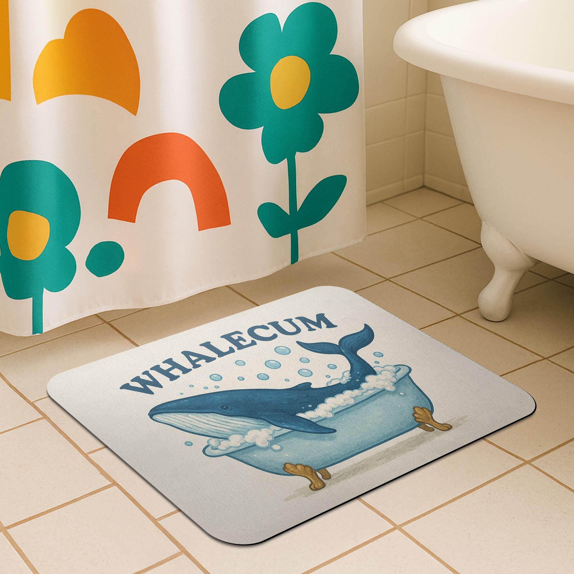 Funny Whale Bath Mat, Whale Bathroom Rug, WHALECUM Pun Mat, Cute Nautical Decor, Ocean Animal Bath Rug, Guest Bathroom Humor Gift
