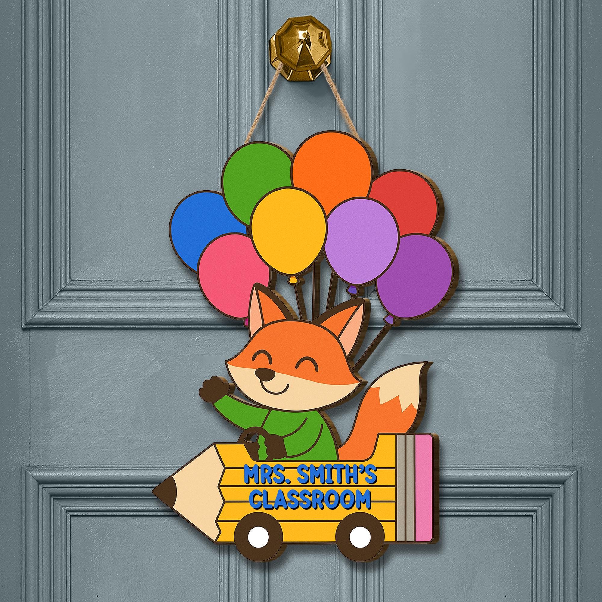 Teacher Classroom Door Sign, Fox Pencil Car with Balloons, Cute Teacher Welcome Back to School Decor, Personalized Wall Hanger, Elementary