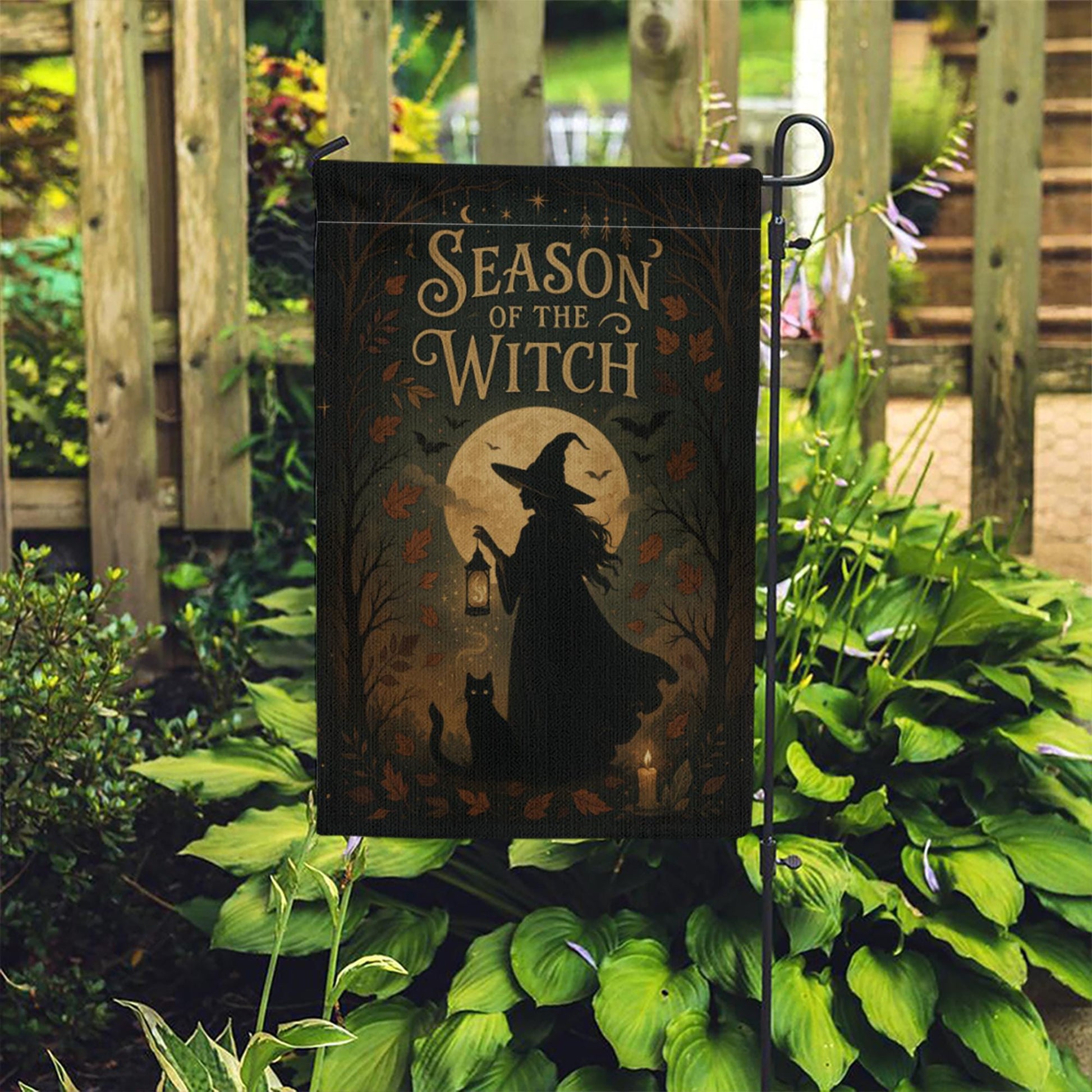 Season of the Witch Flag, Witch Castle Halloween Yard Decor, Witchy Fall Outdoor Banner, Spooky Moon Cat Sign, Autumn Porch Flag