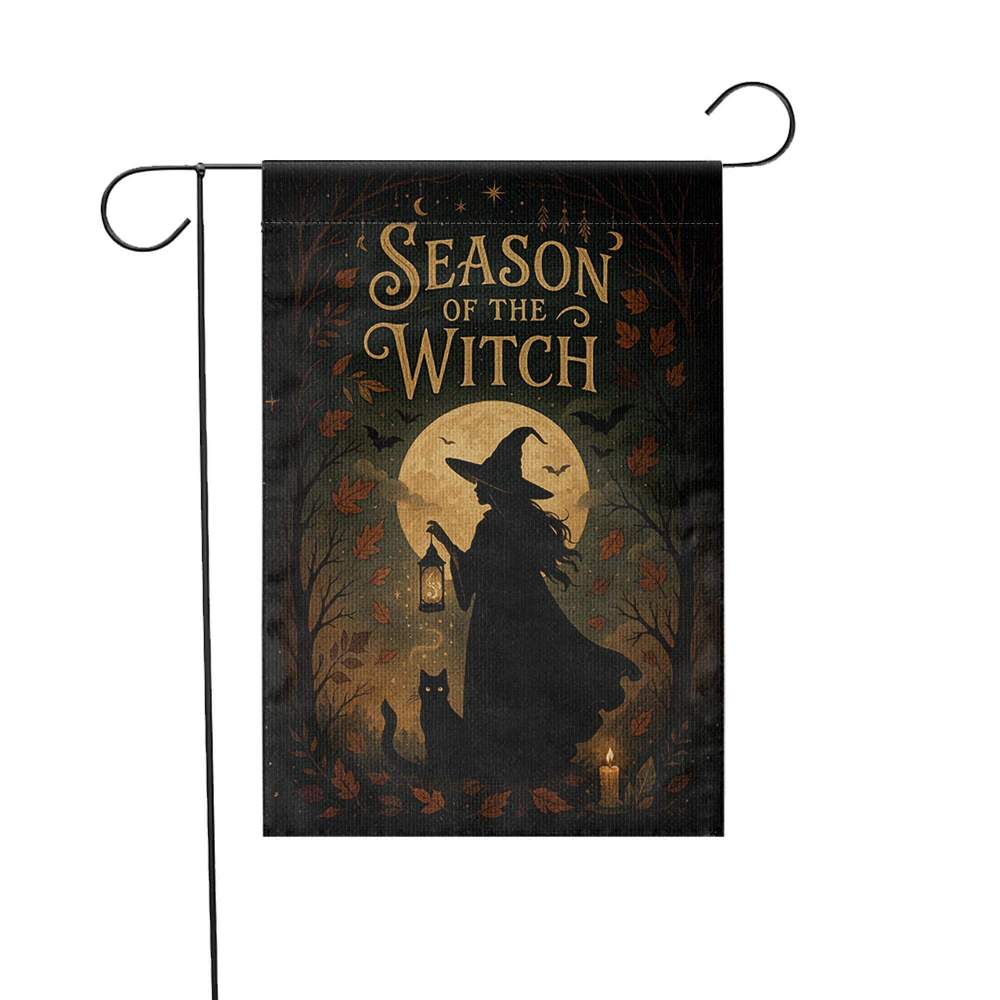 Season of the Witch Flag, Witch Castle Halloween Yard Decor, Witchy Fall Outdoor Banner, Spooky Moon Cat Sign, Autumn Porch Flag