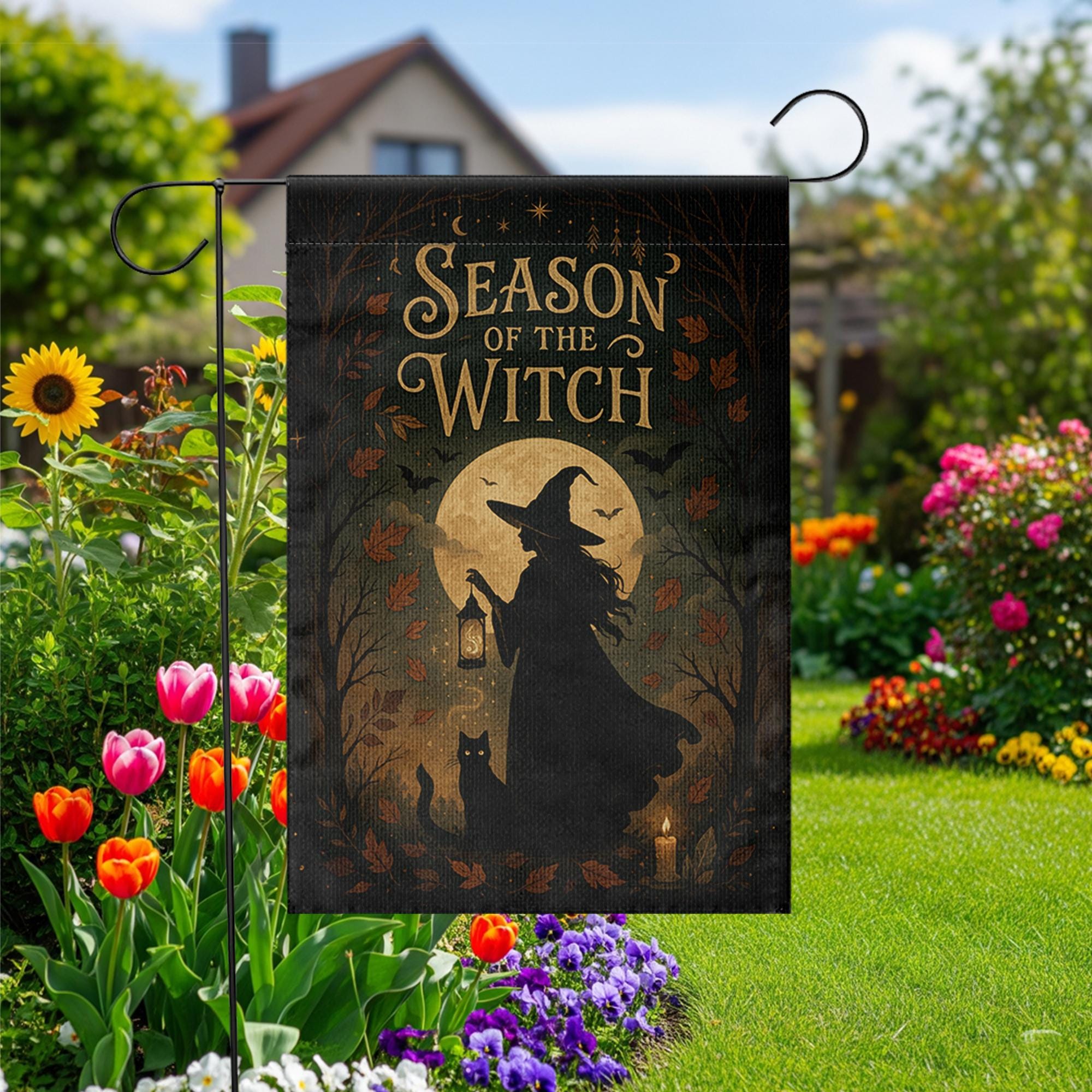Season of the Witch Flag, Witch Castle Halloween Yard Decor, Witchy Fall Outdoor Banner, Spooky Moon Cat Sign, Autumn Porch Flag