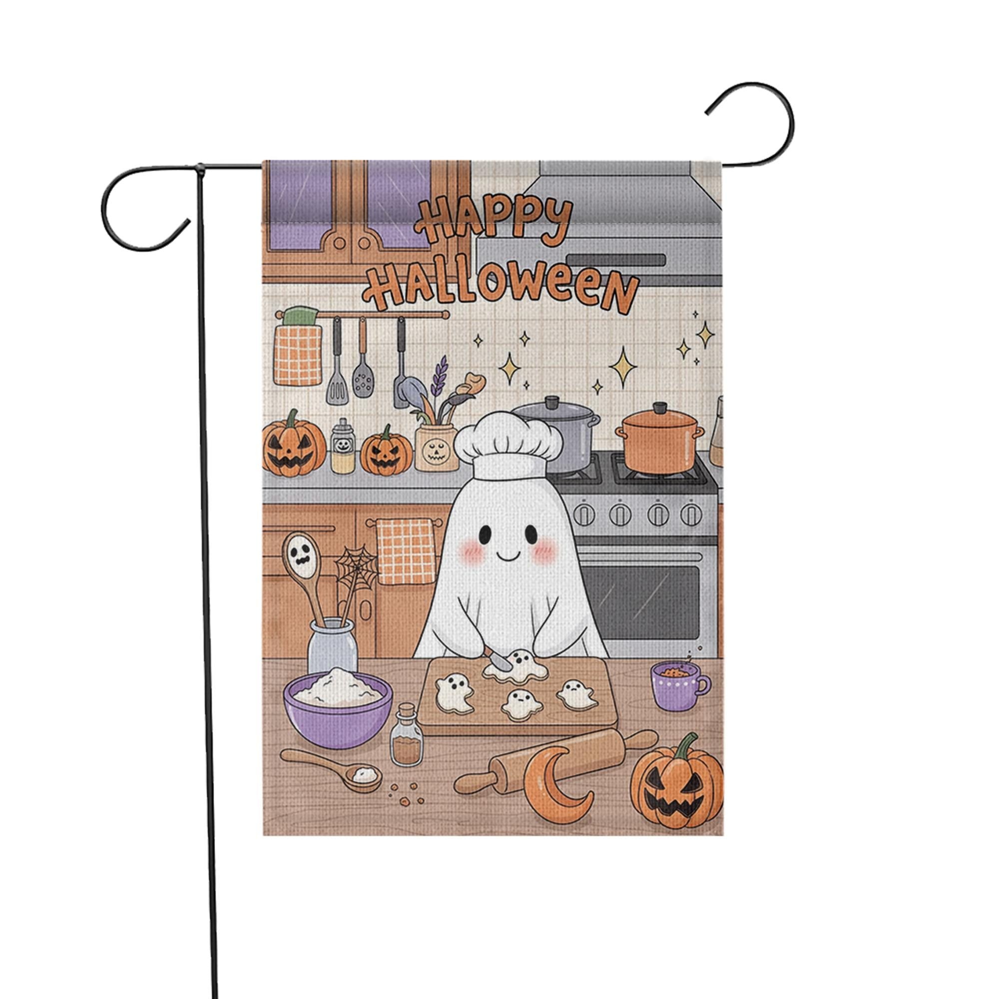 Cute Ghost Chef Halloween Garden Flag – Kawaii Baking Kitchen Fall Yard Decor – Happy Spooky Season Sign