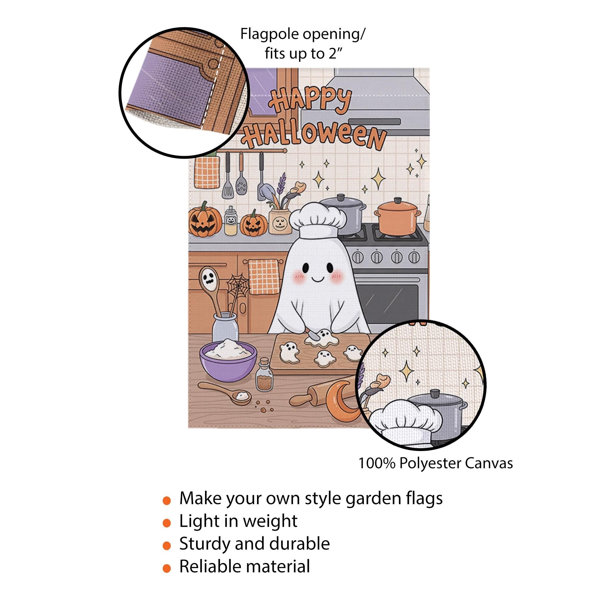 Cute Ghost Chef Halloween Garden Flag – Kawaii Baking Kitchen Fall Yard Decor – Happy Spooky Season Sign