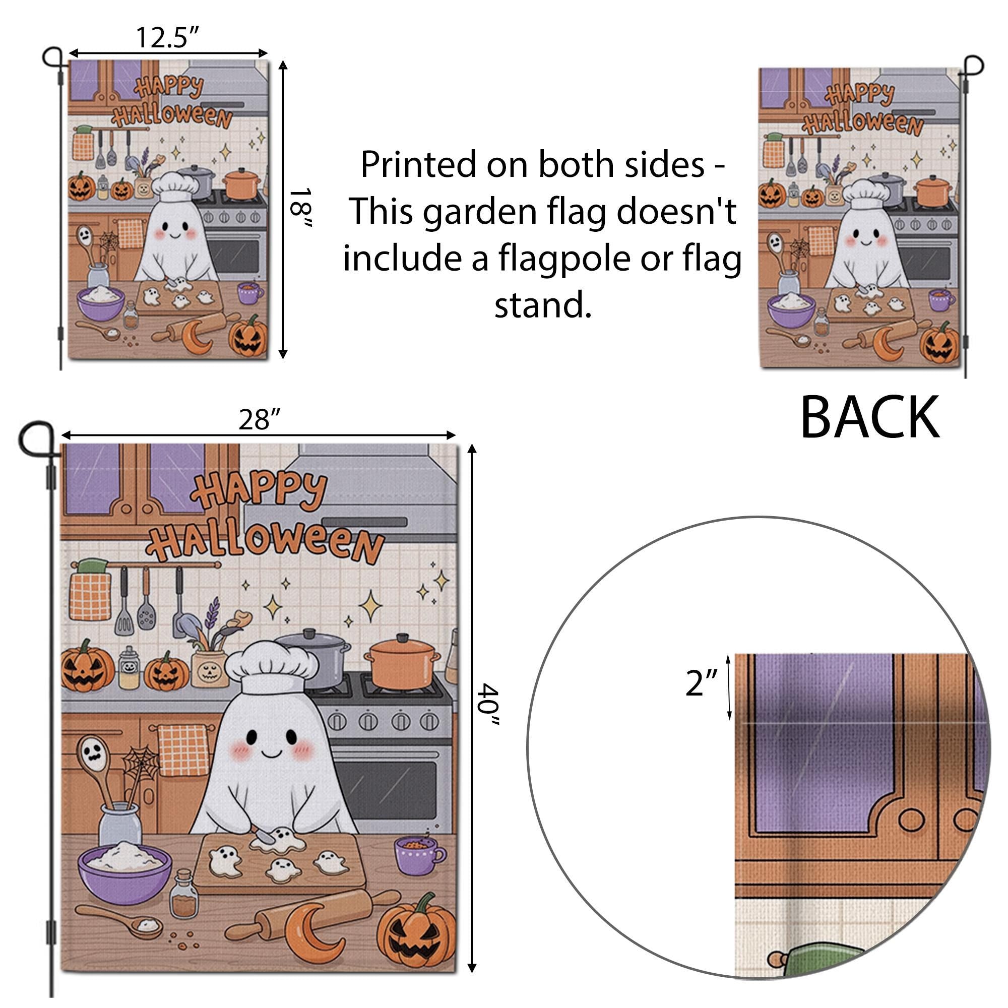 Cute Ghost Chef Halloween Garden Flag – Kawaii Baking Kitchen Fall Yard Decor – Happy Spooky Season Sign