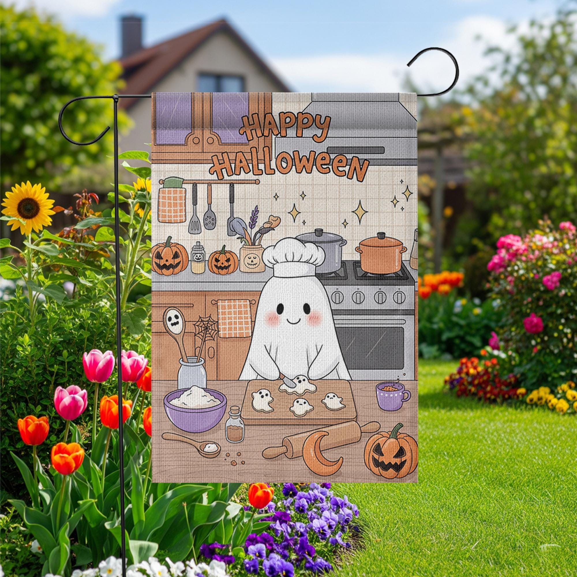 Cute Ghost Chef Halloween Garden Flag – Kawaii Baking Kitchen Fall Yard Decor – Happy Spooky Season Sign
