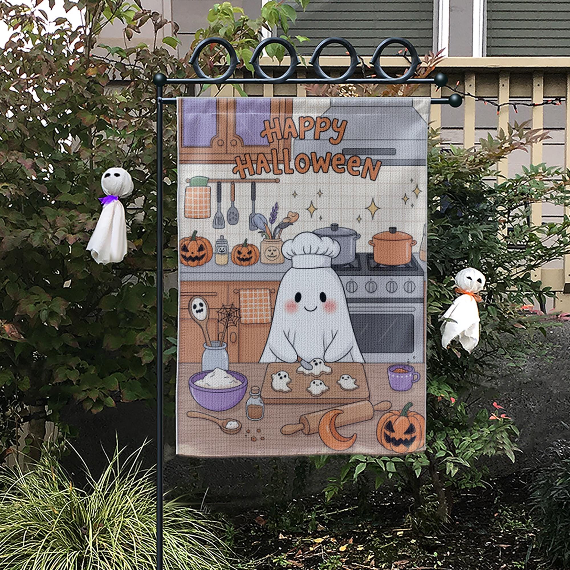 Cute Ghost Chef Halloween Garden Flag – Kawaii Baking Kitchen Fall Yard Decor – Happy Spooky Season Sign