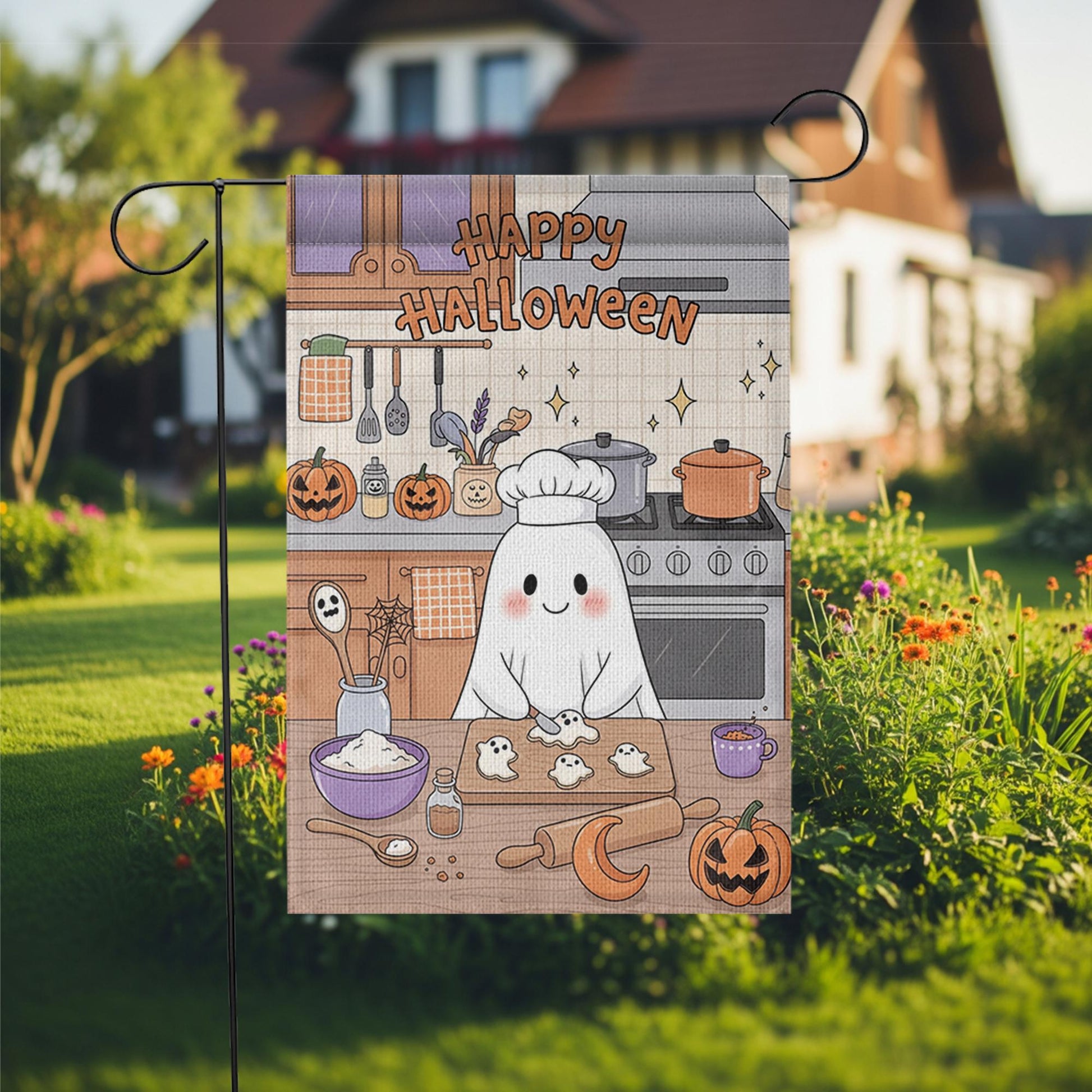 Cute Ghost Chef Halloween Garden Flag – Kawaii Baking Kitchen Fall Yard Decor – Happy Spooky Season Sign