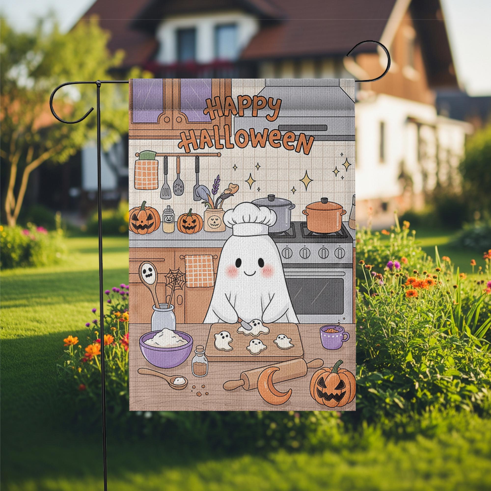 Cute Ghost Chef Halloween Garden Flag – Kawaii Baking Kitchen Fall Yard Decor – Happy Spooky Season Sign