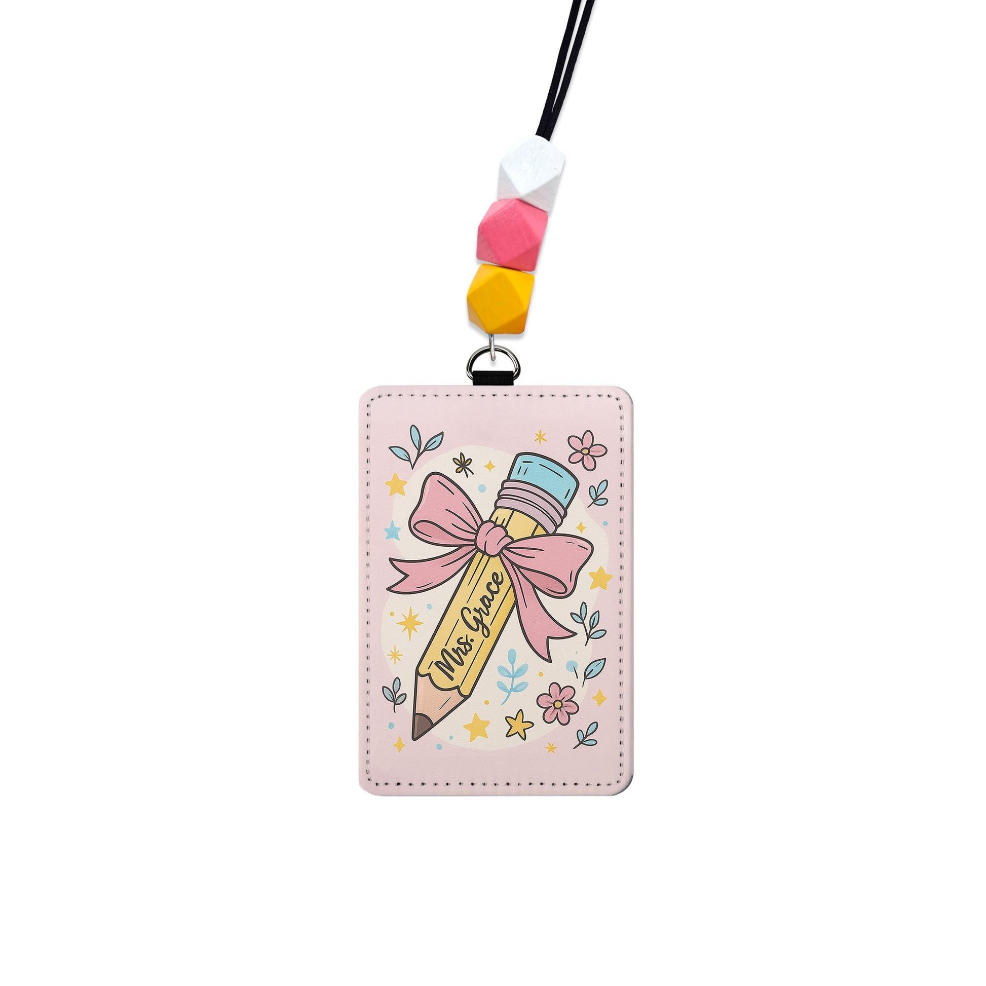 Personalized Leather Badge Holder, Beaded Lanyard ID Card Case, Cute Teacher Name Tag, Floral School Accessory, Custom Work Lanyard