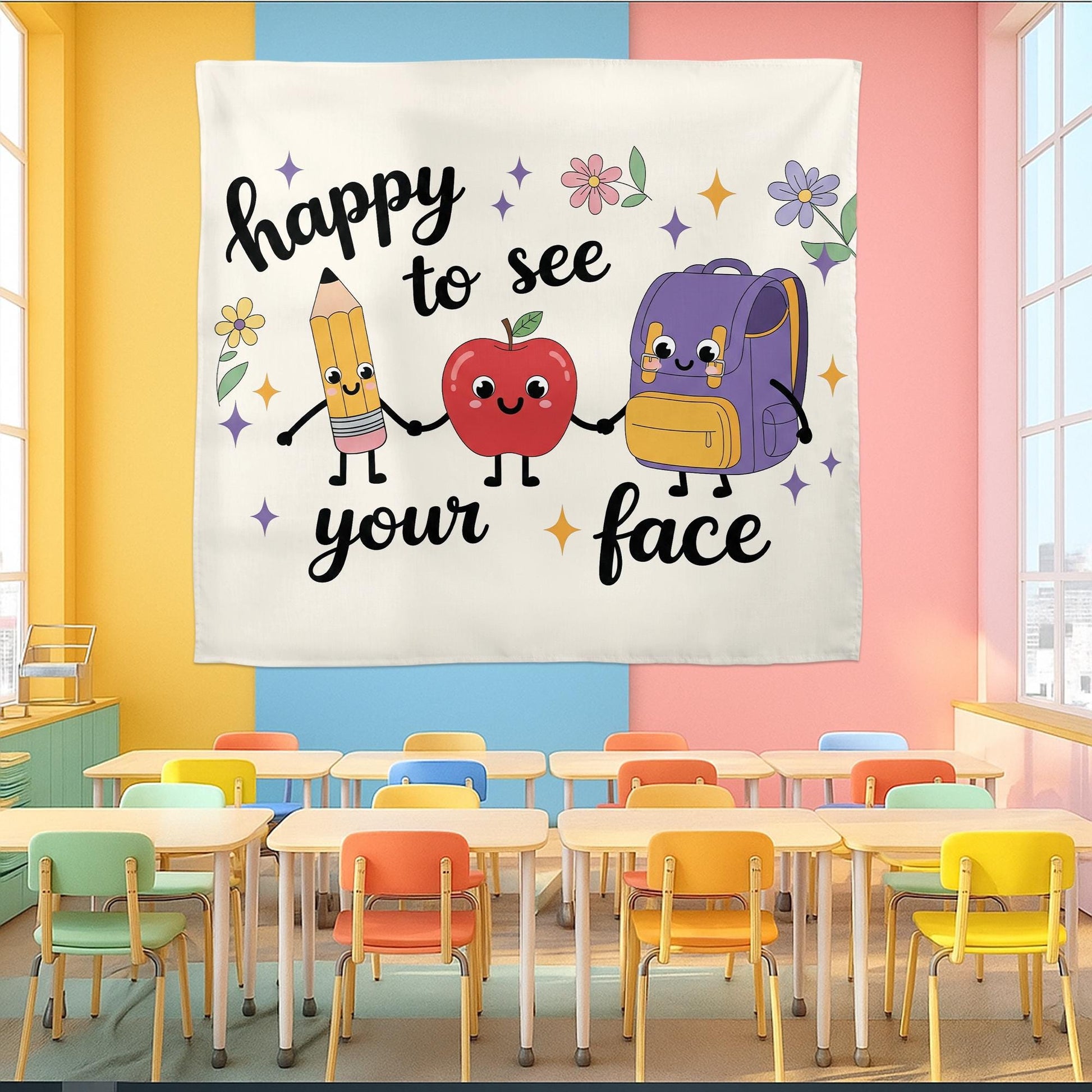 Happy to See Your Face Tapestry | Cute Classroom Wall Decor for Teachers | Back to School Banner | Teacher Office Welcome Sign