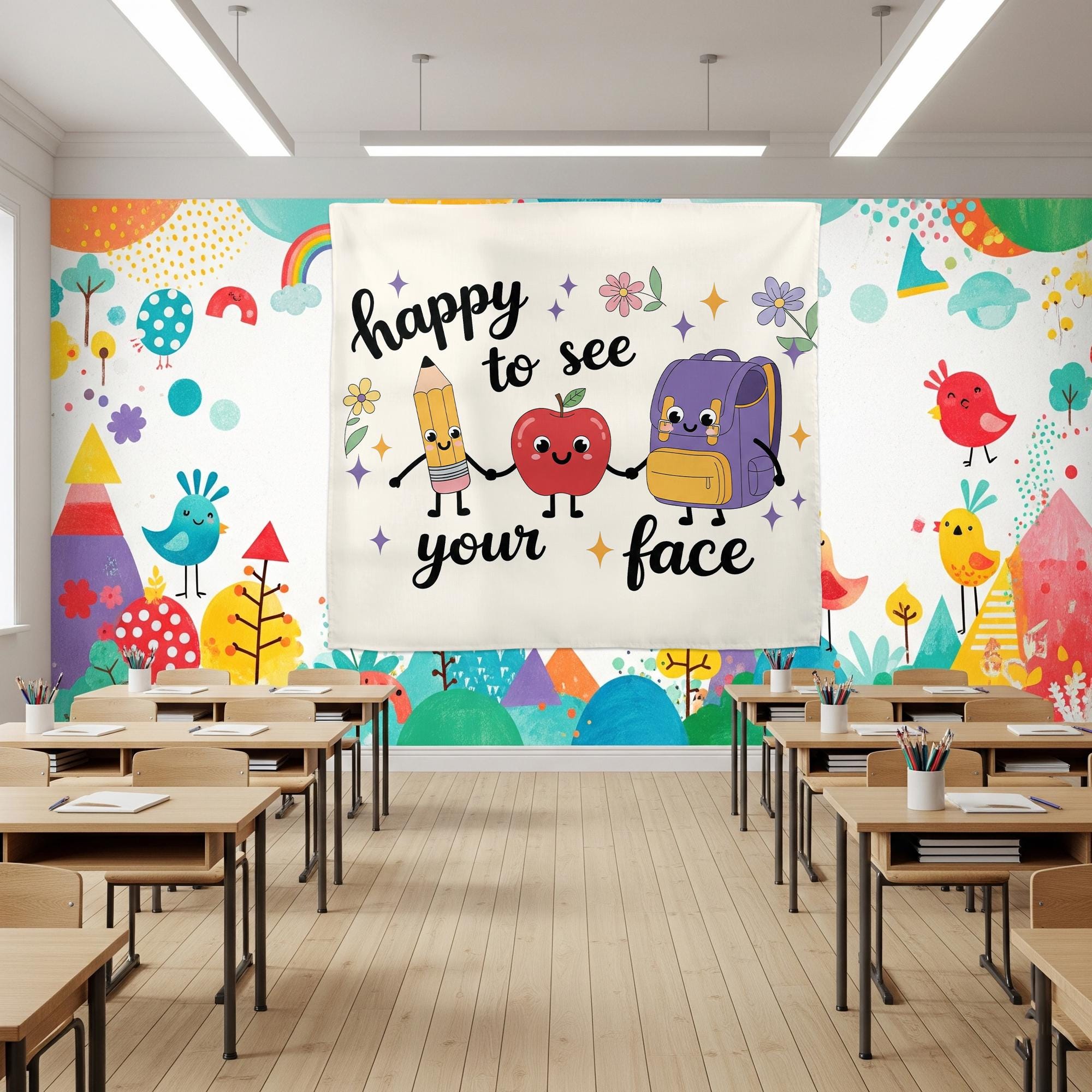 Happy to See Your Face Tapestry | Cute Classroom Wall Decor for Teachers | Back to School Banner | Teacher Office Welcome Sign