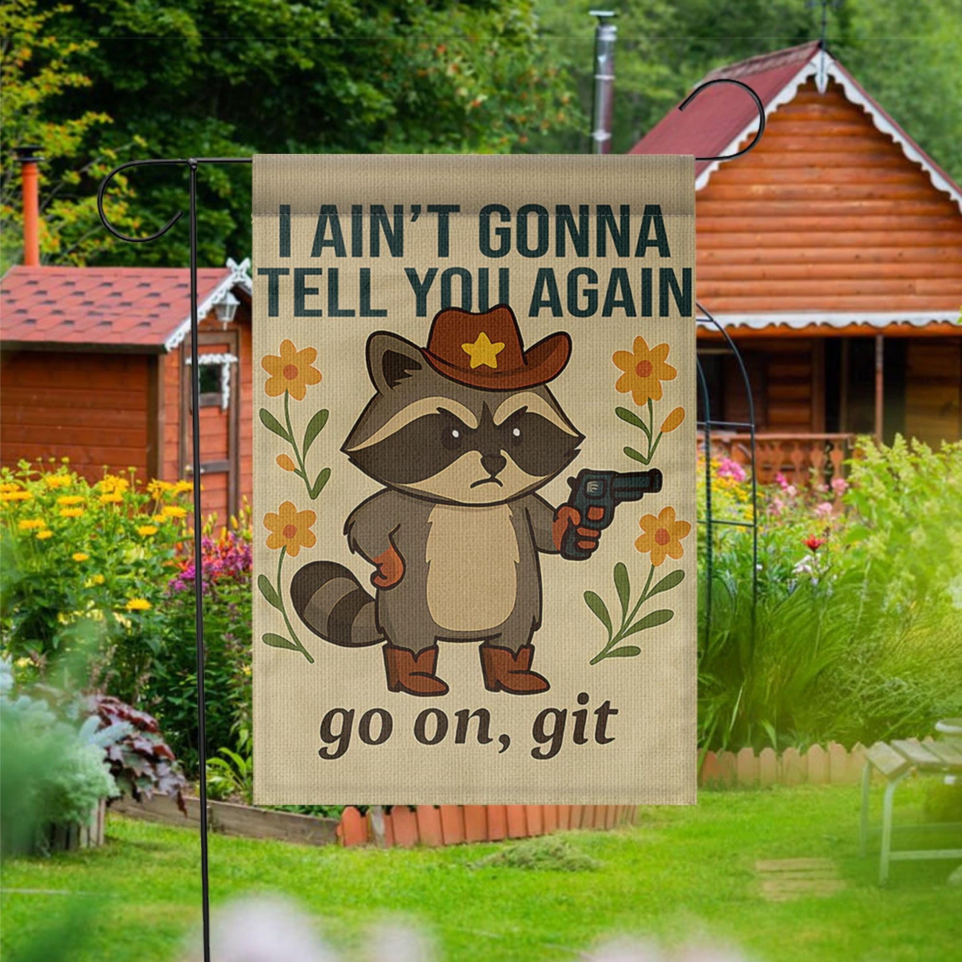 Funny No Soliciting Garden Flag, Cowboy Raccoon Yard Decor, Go On Git Warning Sign, Rustic Animal Porch Banner, Outdoor Humor Gift