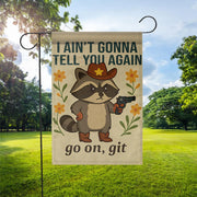Funny No Soliciting Garden Flag, Cowboy Raccoon Yard Decor, Go On Git Warning Sign, Rustic Animal Porch Banner, Outdoor Humor Gift