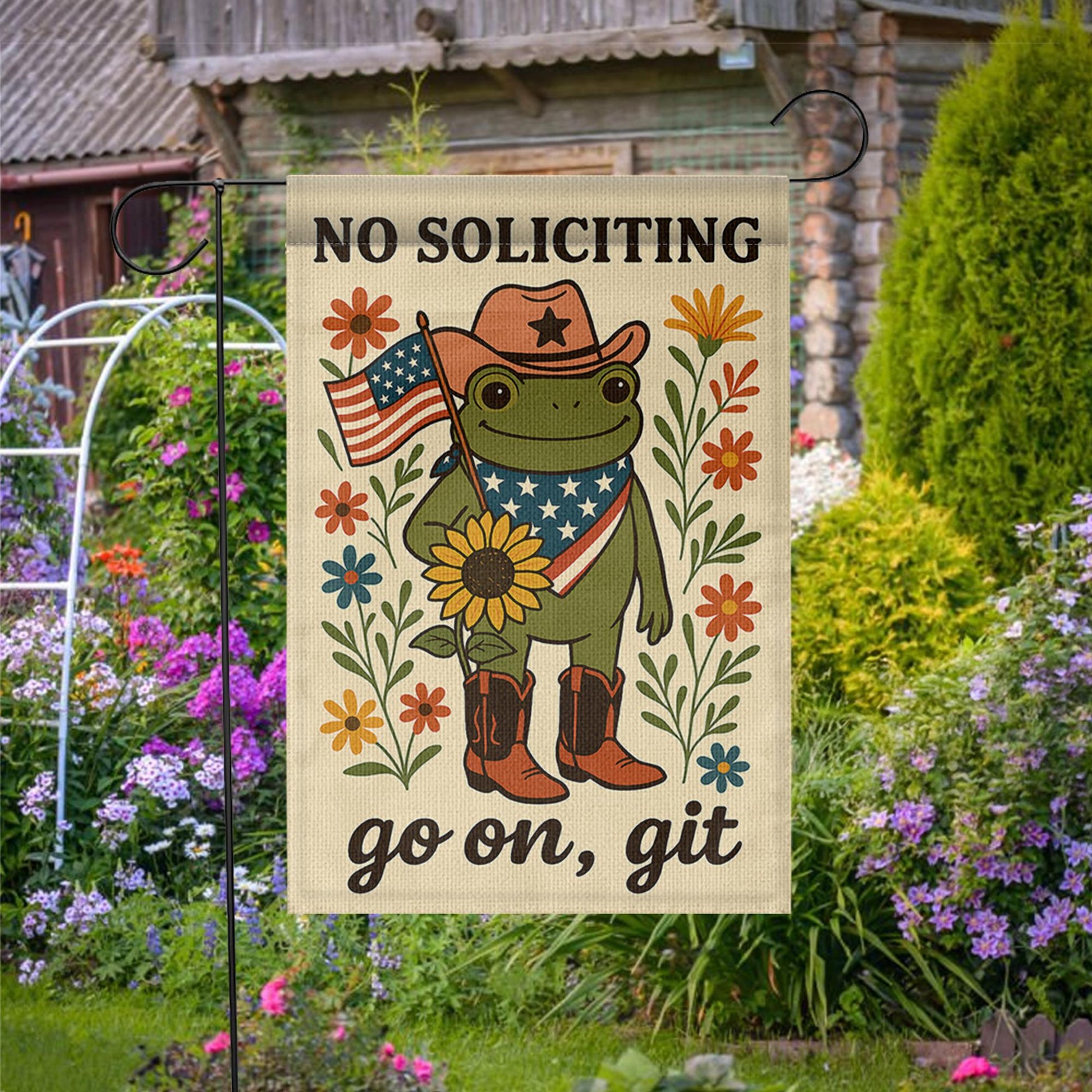 Patriotic Frog Garden Flag, No Soliciting Funny Yard Sign, Go On Git Outdoor Decor, Cowboy Frog Banner, Rustic Porch Flag Gift