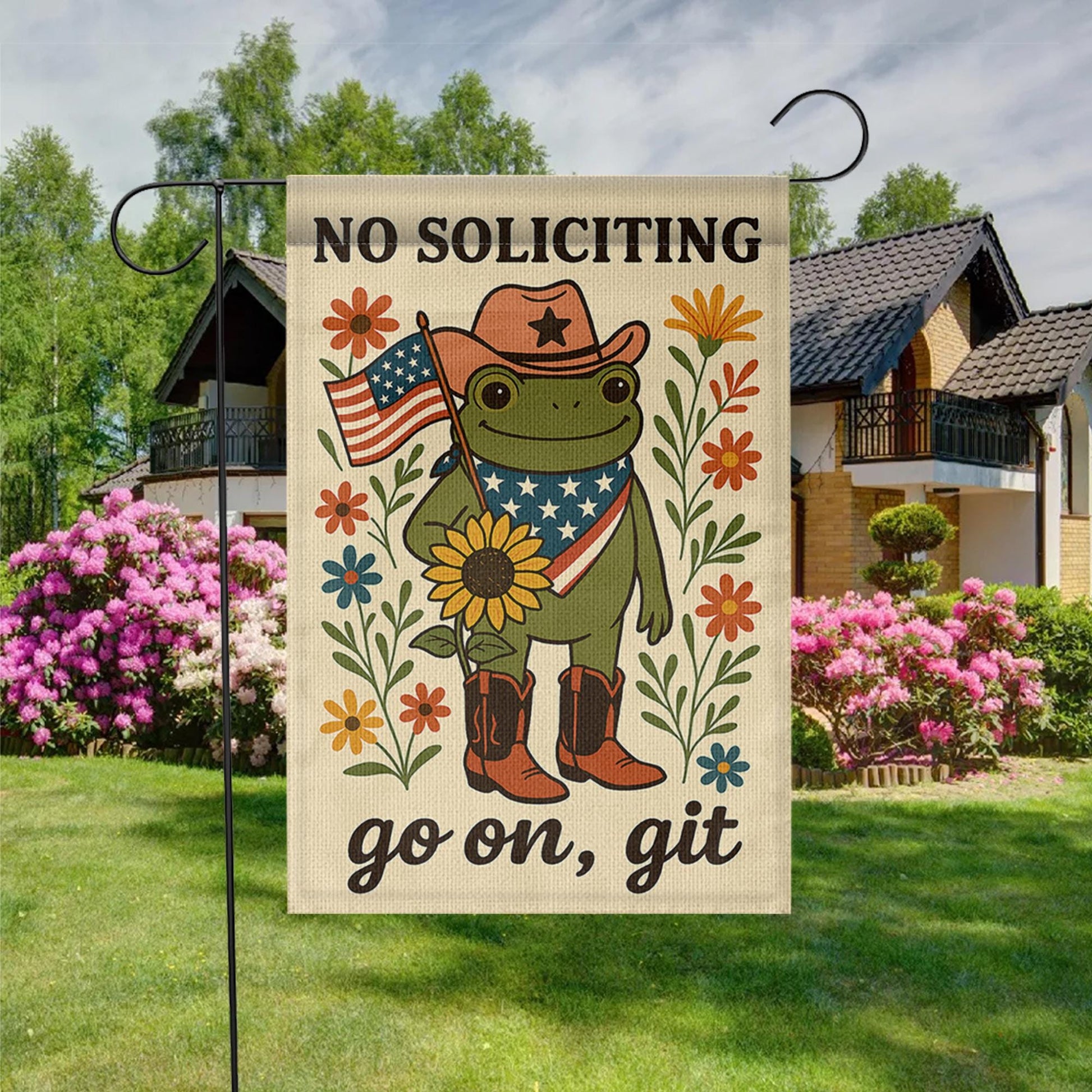 Patriotic Frog Garden Flag, No Soliciting Funny Yard Sign, Go On Git Outdoor Decor, Cowboy Frog Banner, Rustic Porch Flag Gift