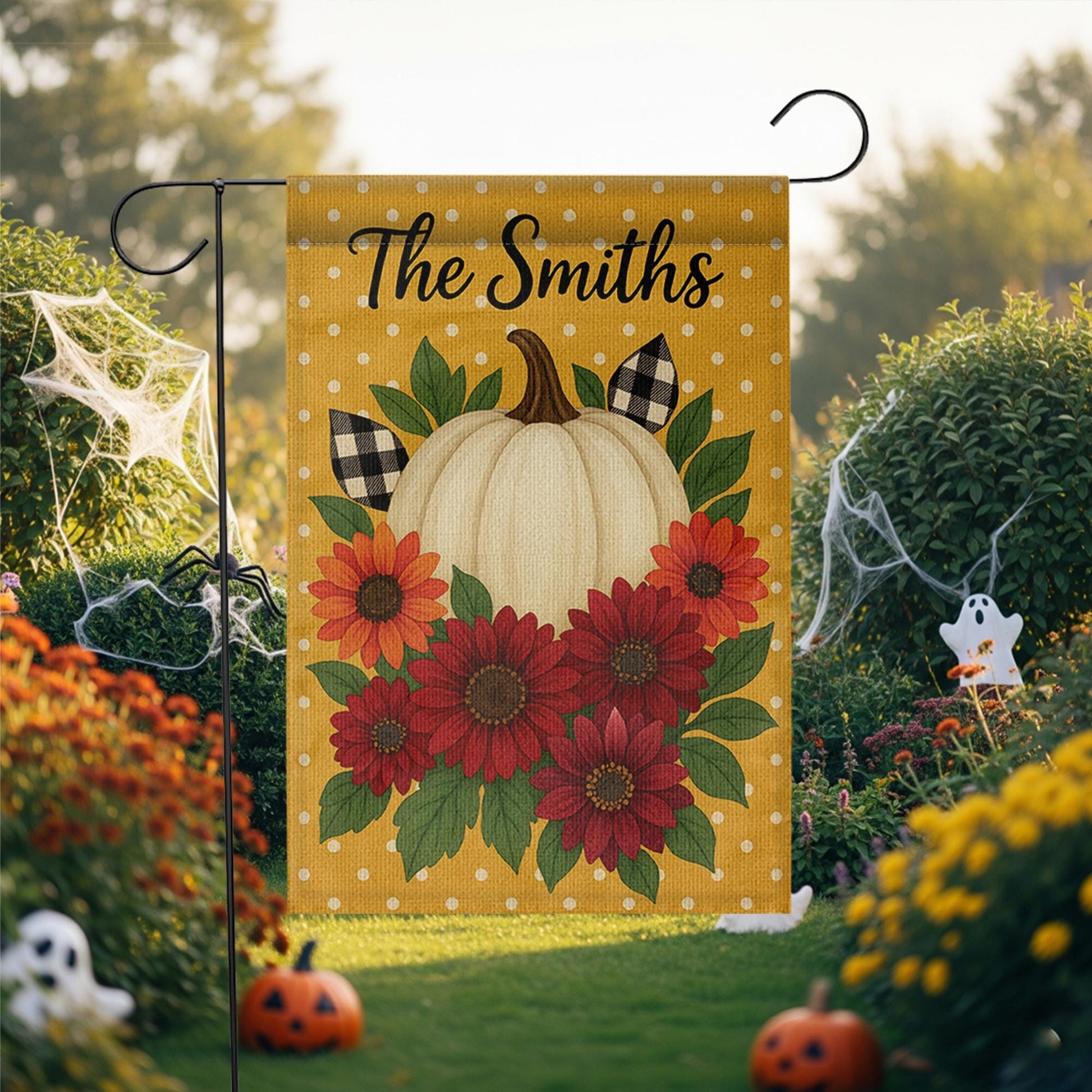 Personalized Fall Garden Flag, Pumpkin Sunflower Yard Decor, Custom Family Name Flag, Autumn Outdoor Porch Banner, Rustic Sign