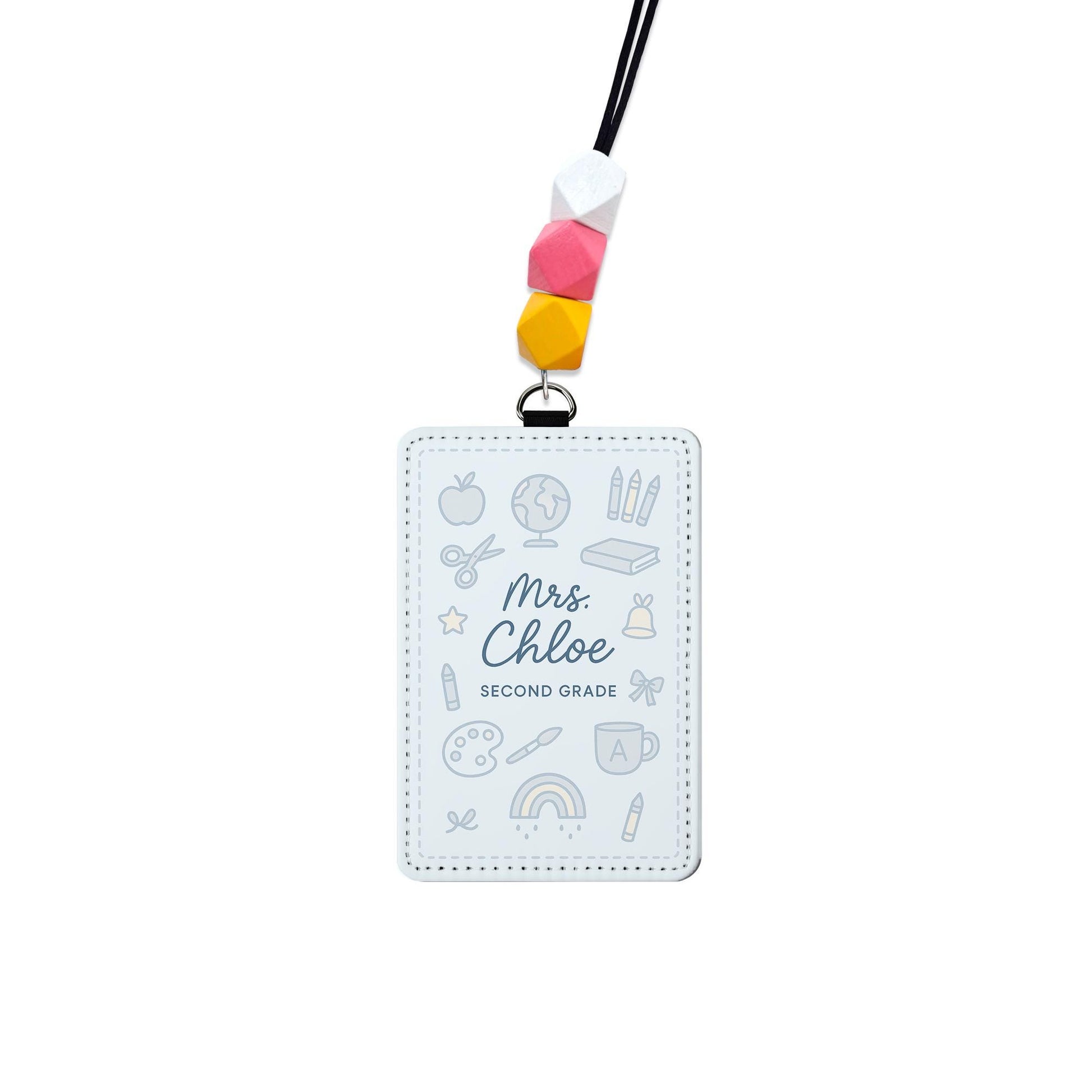 Personalized Teacher Badge Holder, Leather ID Tag with Beaded Lanyard, Custom School Name Tag, Cute Classroom Accessory