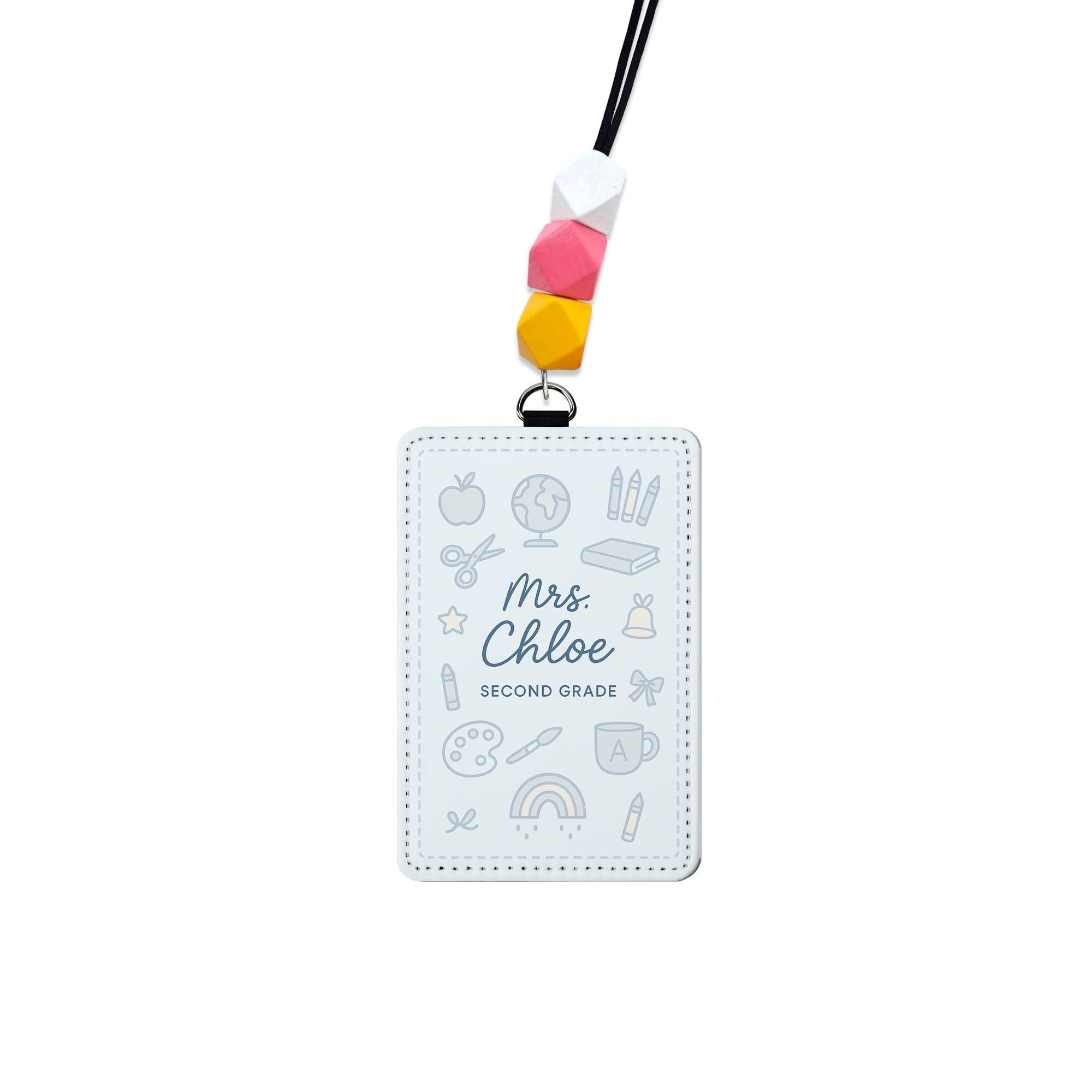 Personalized Teacher Badge Holder, Leather ID Tag with Beaded Lanyard, Custom School Name Tag, Cute Classroom Accessory