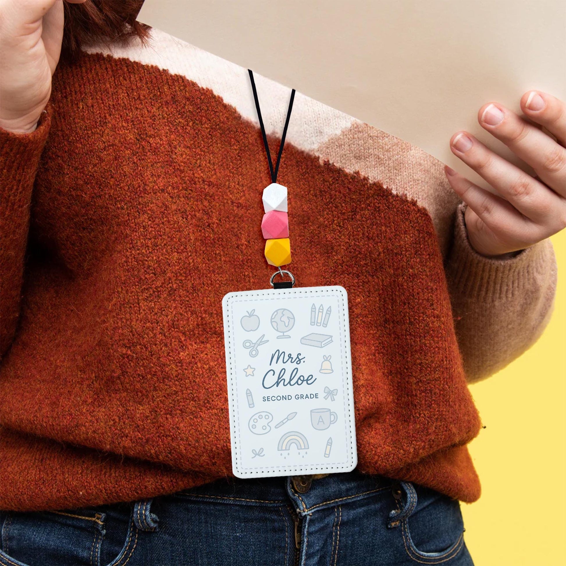 Personalized Teacher Badge Holder, Leather ID Tag with Beaded Lanyard, Custom School Name Tag, Cute Classroom Accessory