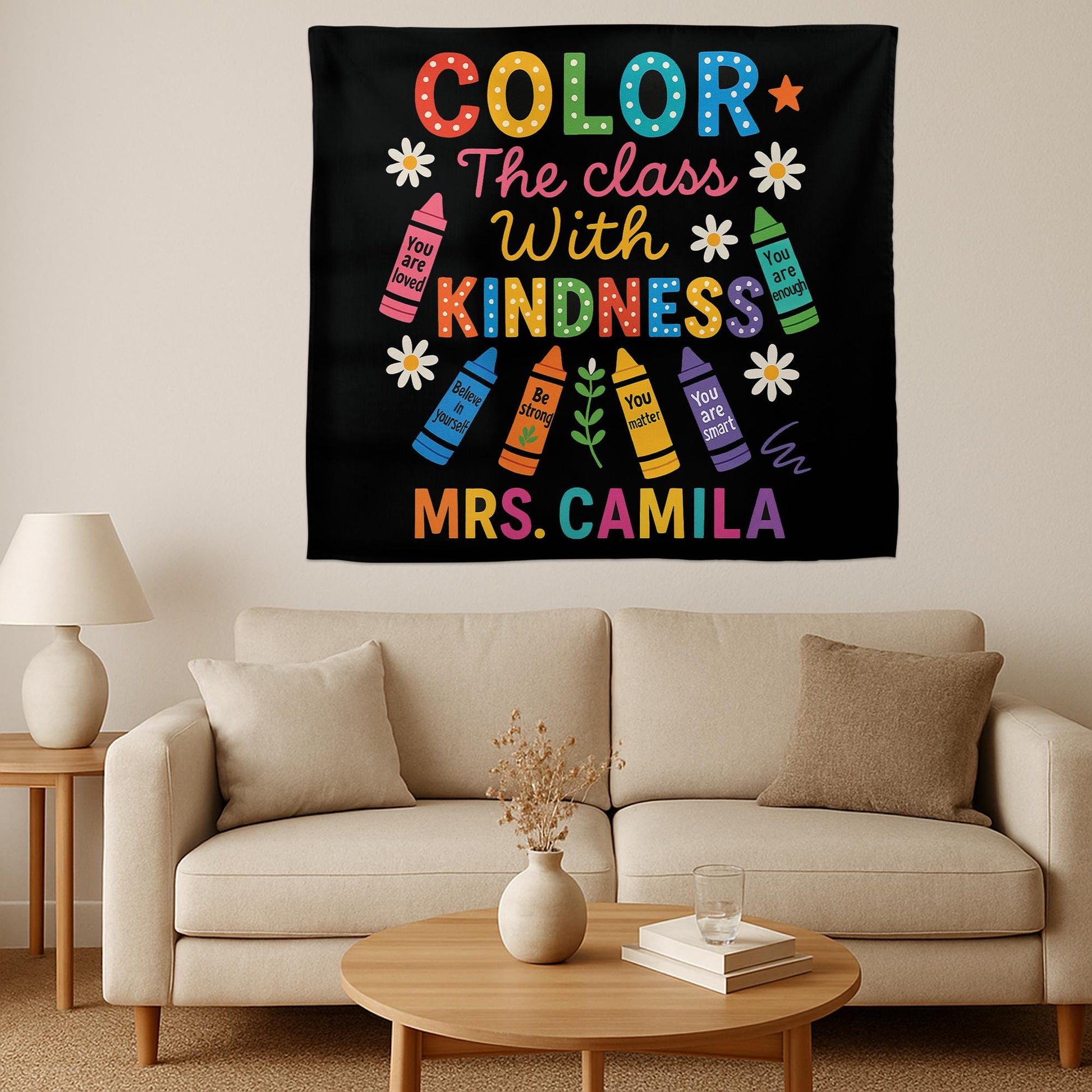 Color the Class with Kindness Tapestry, Personalized Teacher Wall Decor, Classroom Crayon Banner, Custom Teacher Backdrop, Cute Tapestry
