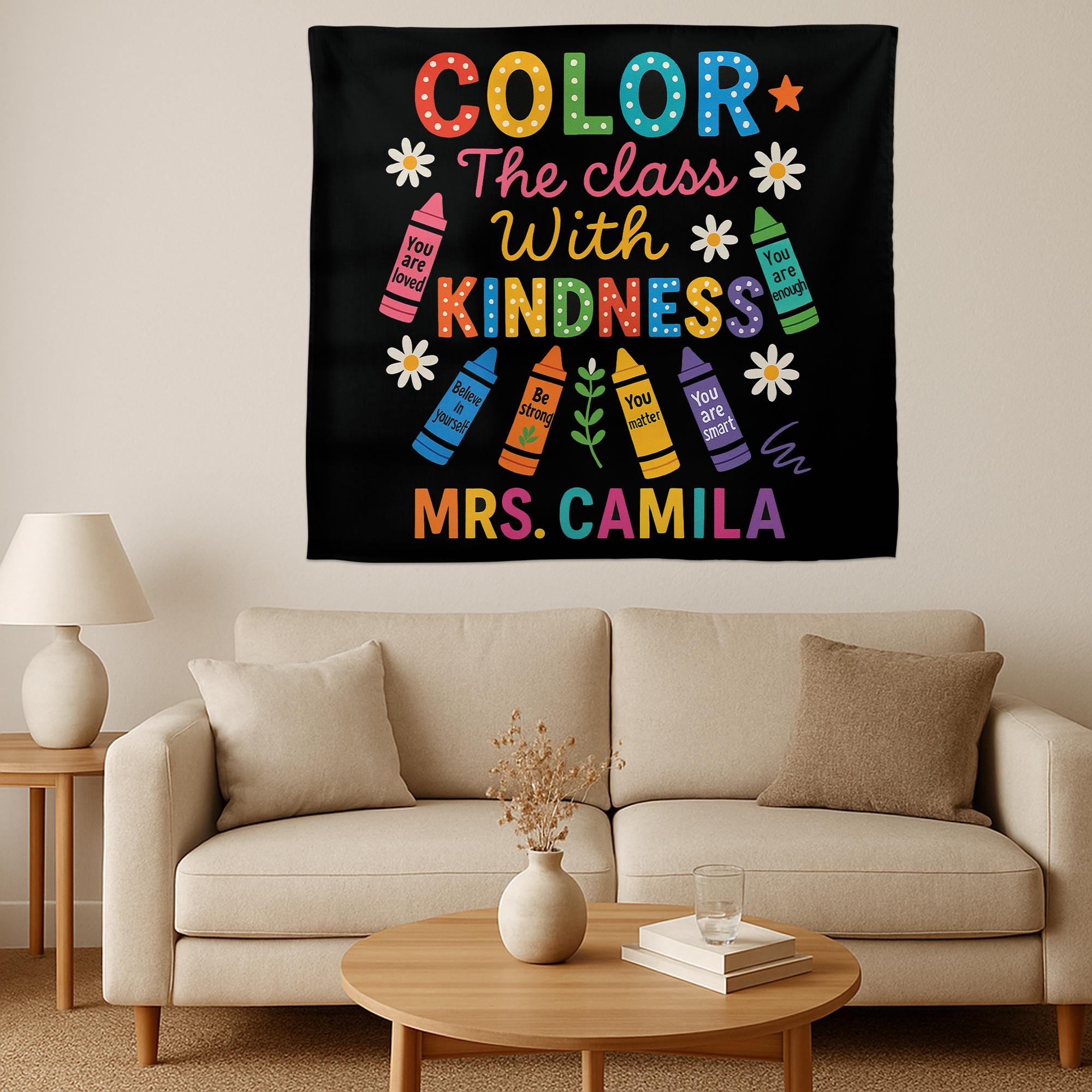 Color the Class with Kindness Tapestry, Personalized Teacher Wall Decor, Classroom Crayon Banner, Custom Teacher Backdrop, Cute Tapestry