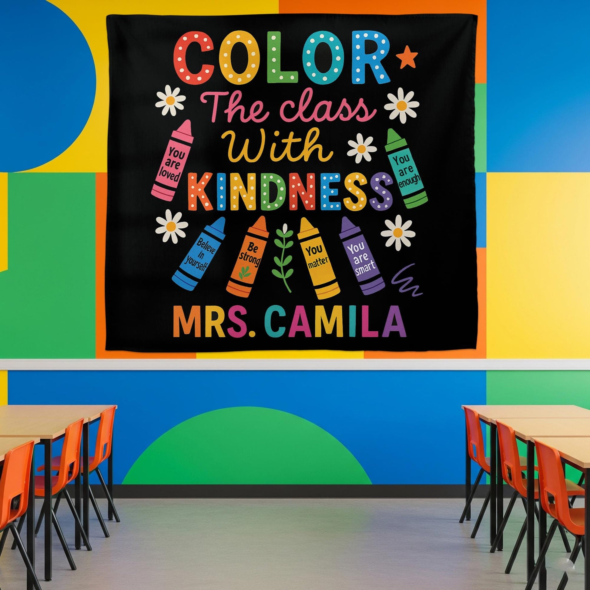 Color the Class with Kindness Tapestry, Personalized Teacher Wall Decor, Classroom Crayon Banner, Custom Teacher Backdrop, Cute Tapestry