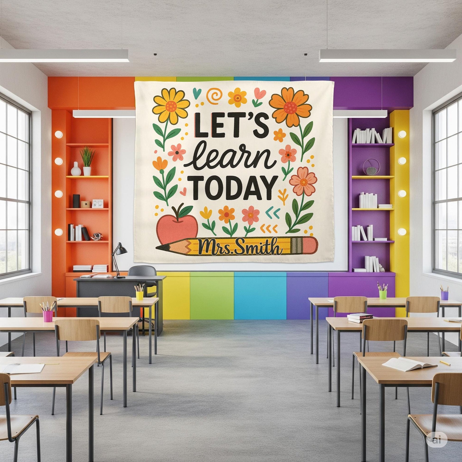 Let's Learn Today Teacher Tapestry, Personalized Classroom Wall Decor, Floral Pencil Banner, Custom Mrs Smith Back to School Sign