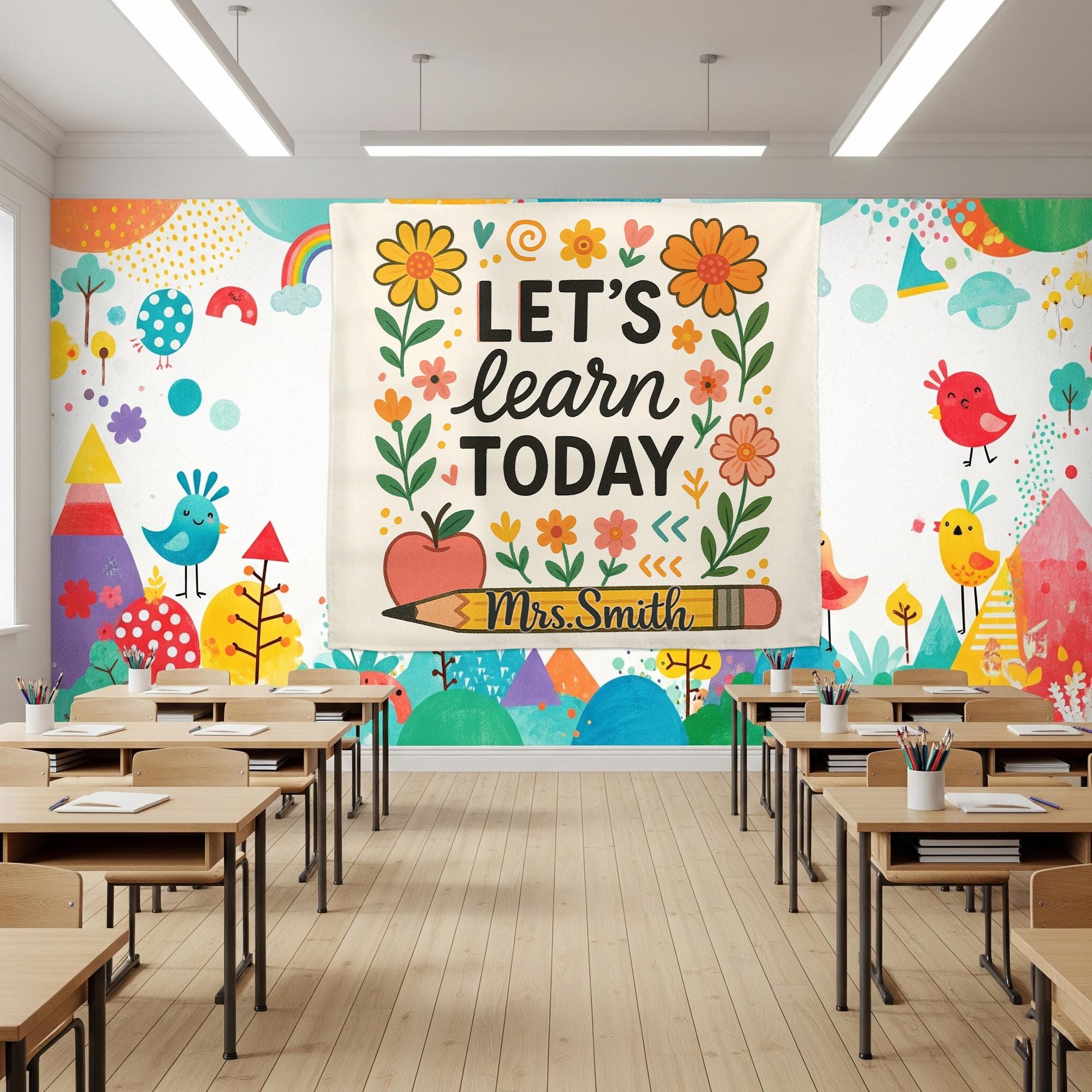 Let's Learn Today Teacher Tapestry, Personalized Classroom Wall Decor, Floral Pencil Banner, Custom Mrs Smith Back to School Sign