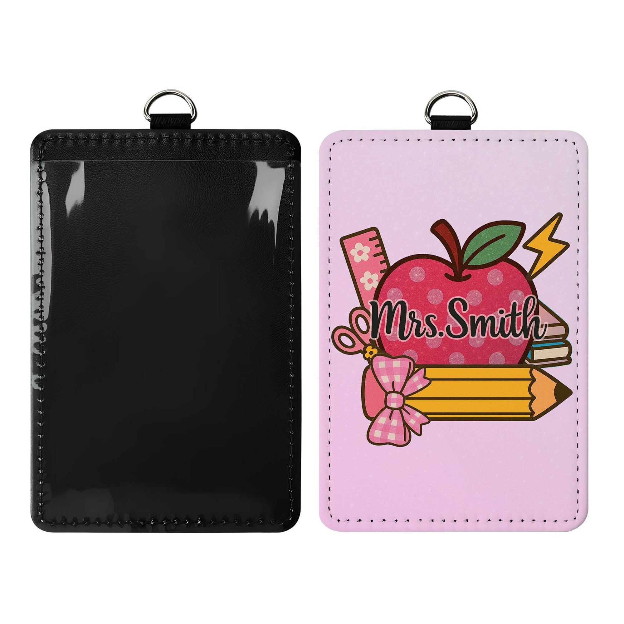 Personalized Teacher Badge Holder, Custom Pink ID Tag, Teacher Apple Design, Cute Classroom Lanyard, Back to School Gift