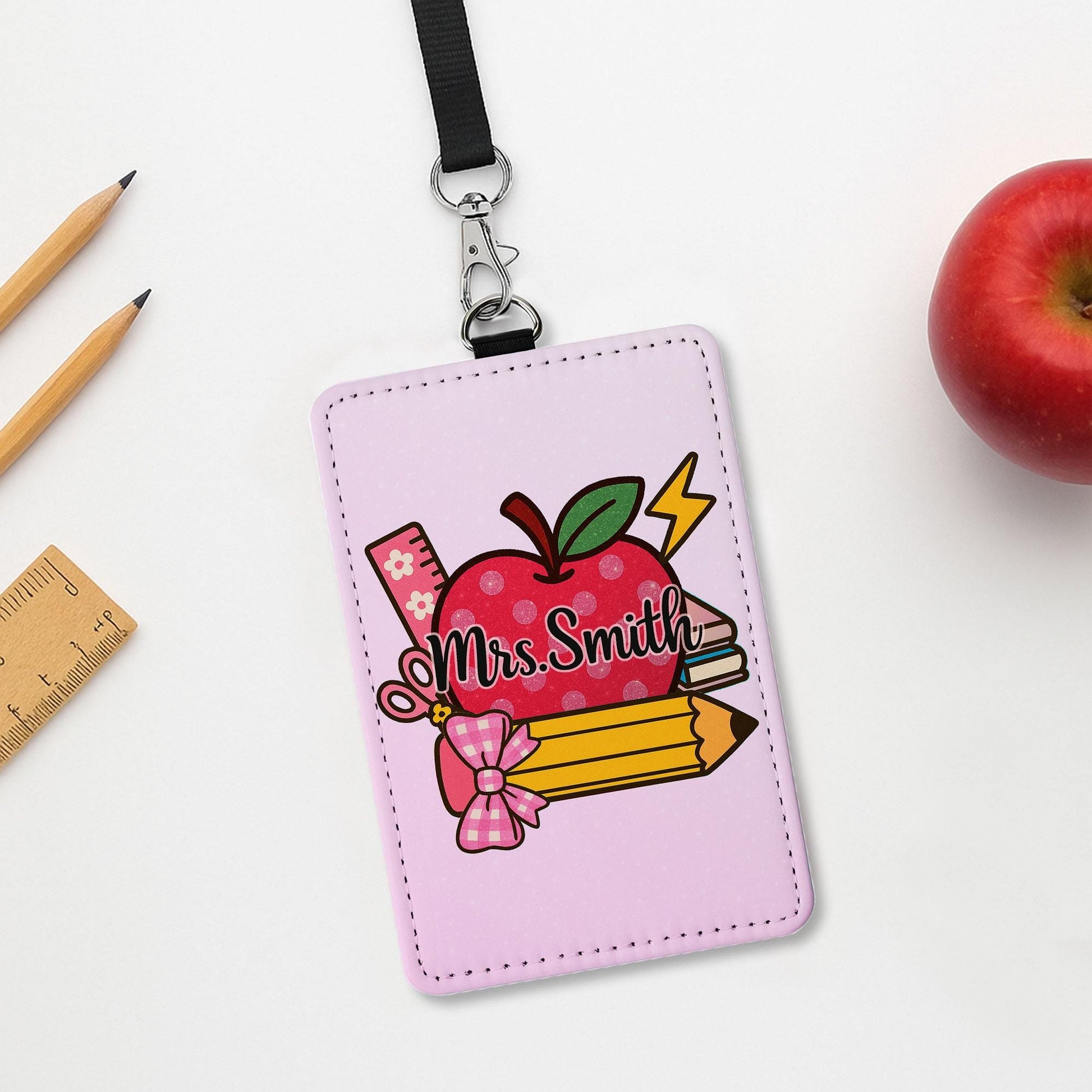 Personalized Teacher Badge Holder, Custom Pink ID Tag, Teacher Apple Design, Cute Classroom Lanyard, Back to School Gift