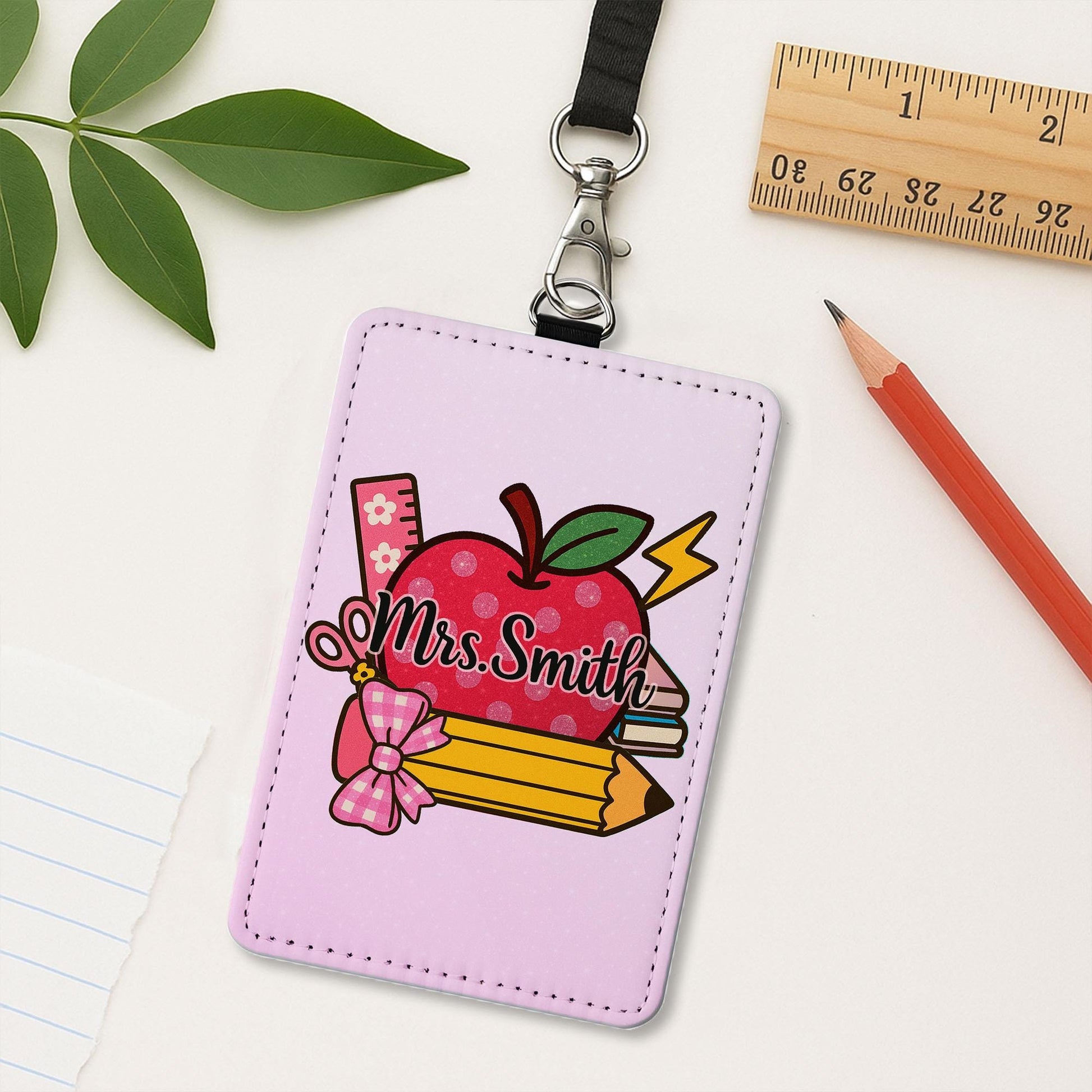 Personalized Teacher Badge Holder, Custom Pink ID Tag, Teacher Apple Design, Cute Classroom Lanyard, Back to School Gift