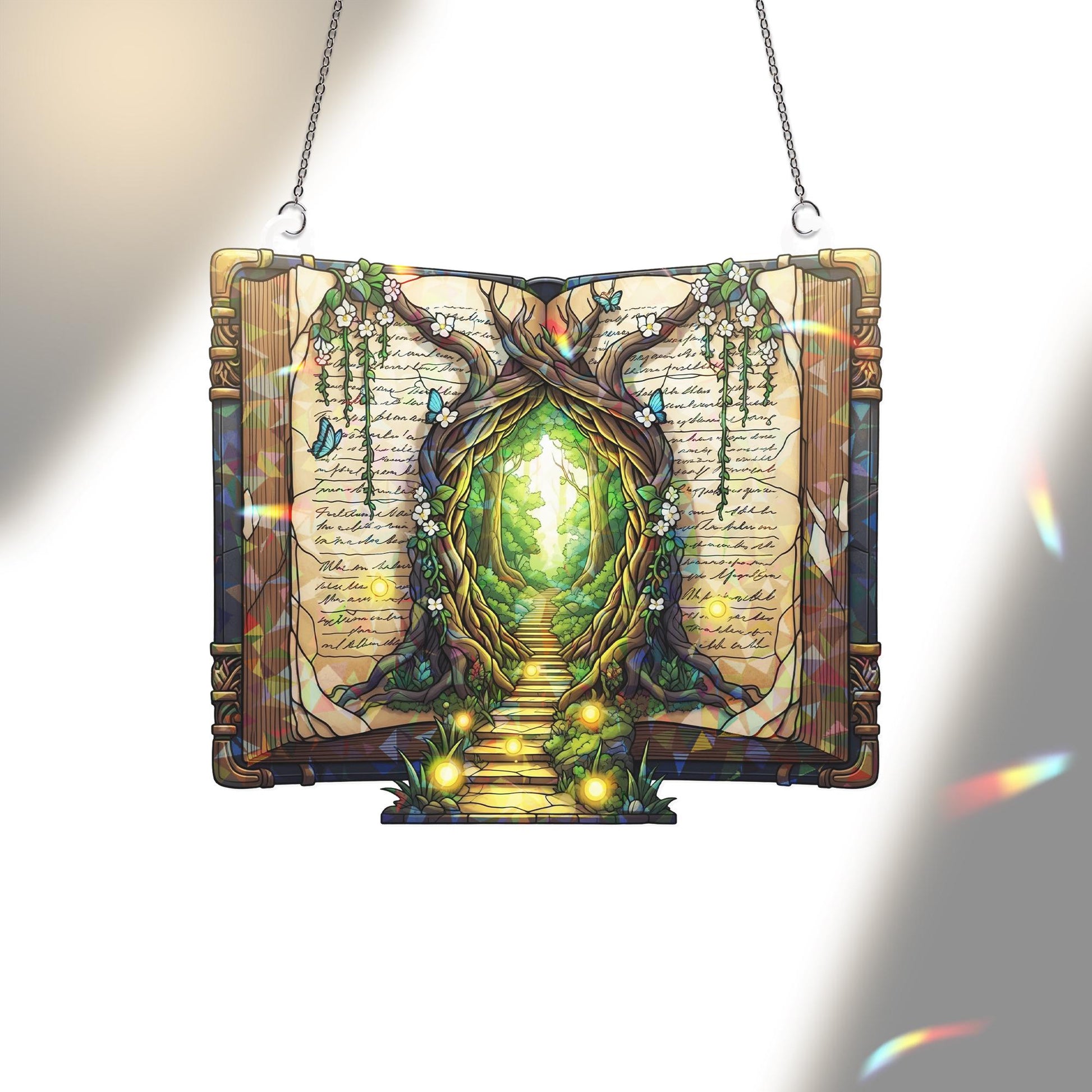 Enchanted Book Holographic Window Hanging | Faux Stained Glass Portal Art | Fantasy Reader Gift | Fairy Tale Decor for Book Lovers