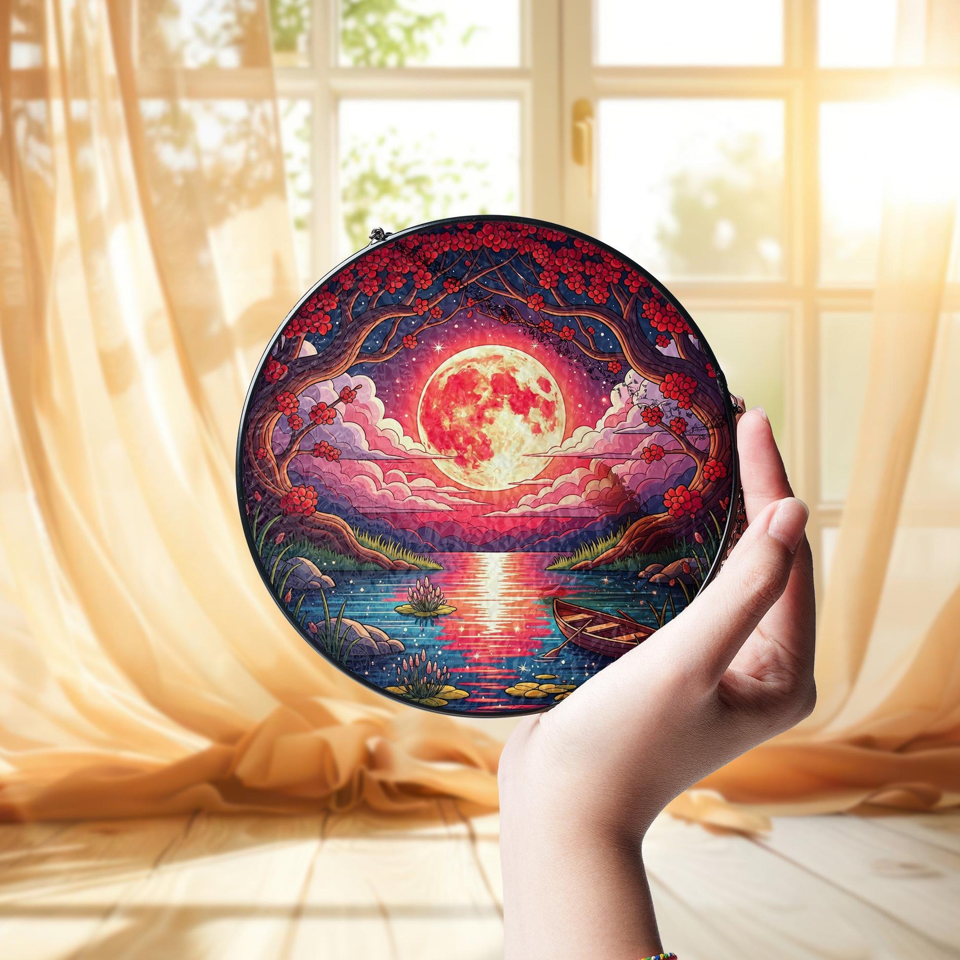 Moonlit Lake Faux Stained Glass Suncatcher | Round Holographic Window Hanging | Celestial Moon Decor | Mystical Nature Gift