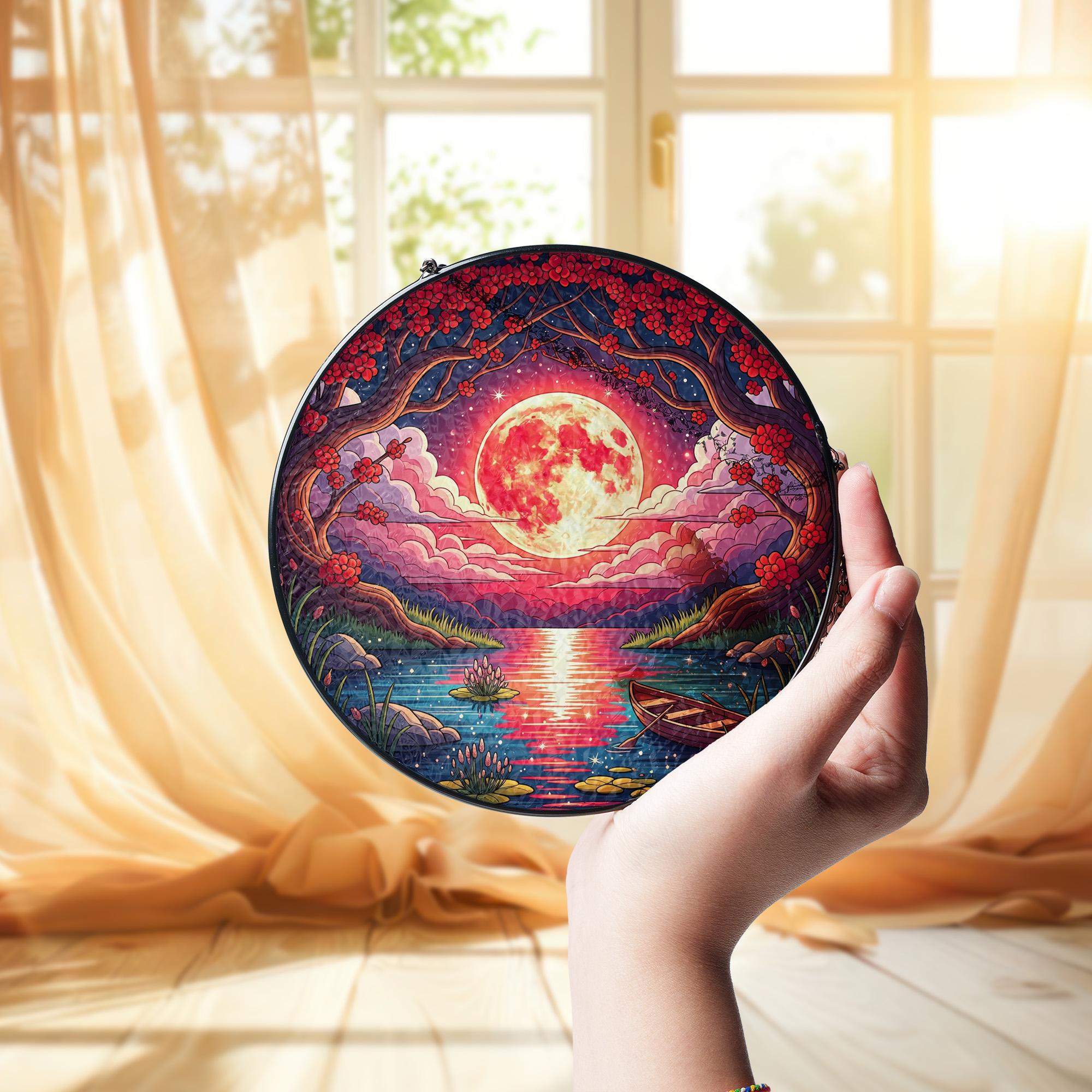 Moonlit Lake Faux Stained Glass Suncatcher | Round Holographic Window Hanging | Celestial Moon Decor | Mystical Nature Gift