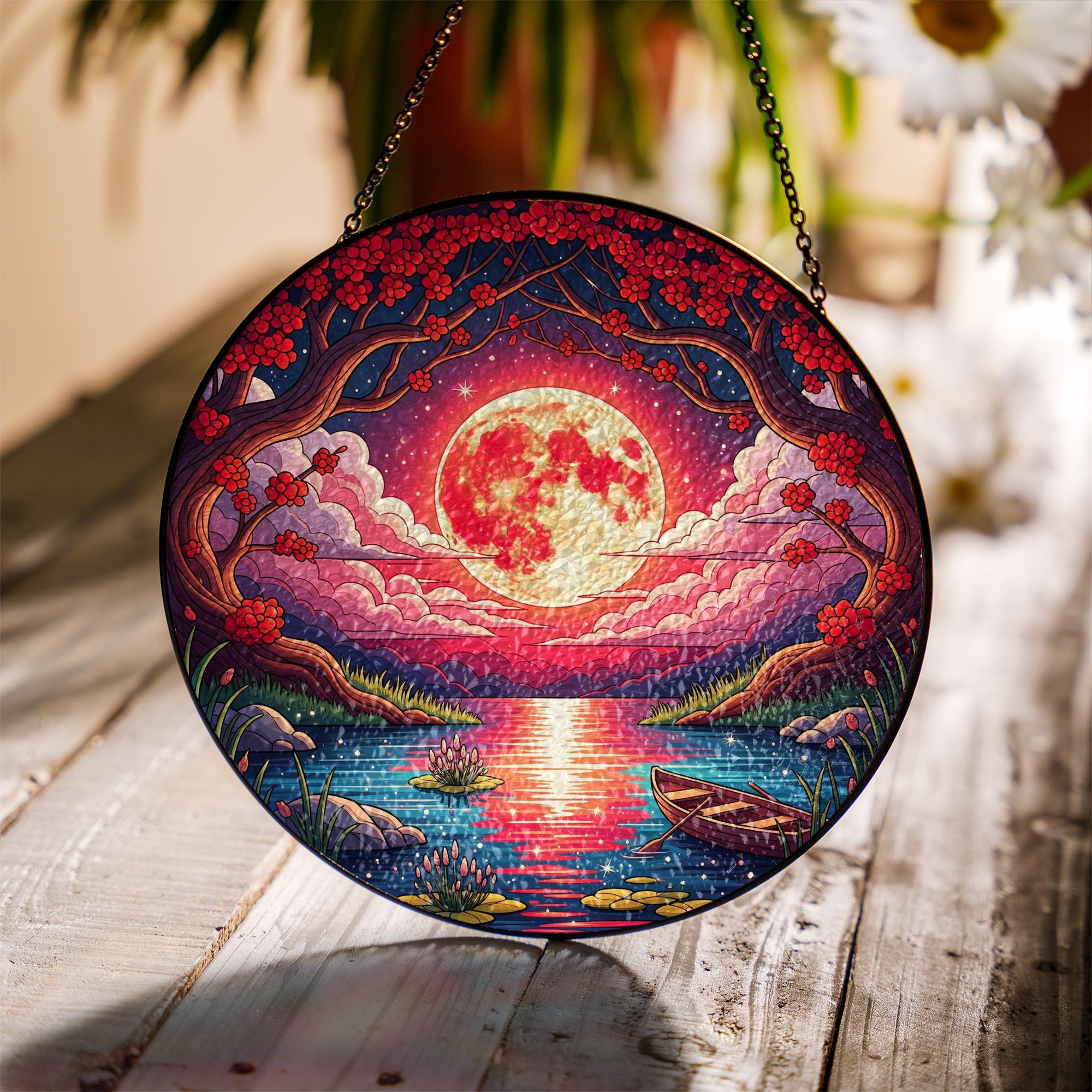 Moonlit Lake Faux Stained Glass Suncatcher | Round Holographic Window Hanging | Celestial Moon Decor | Mystical Nature Gift